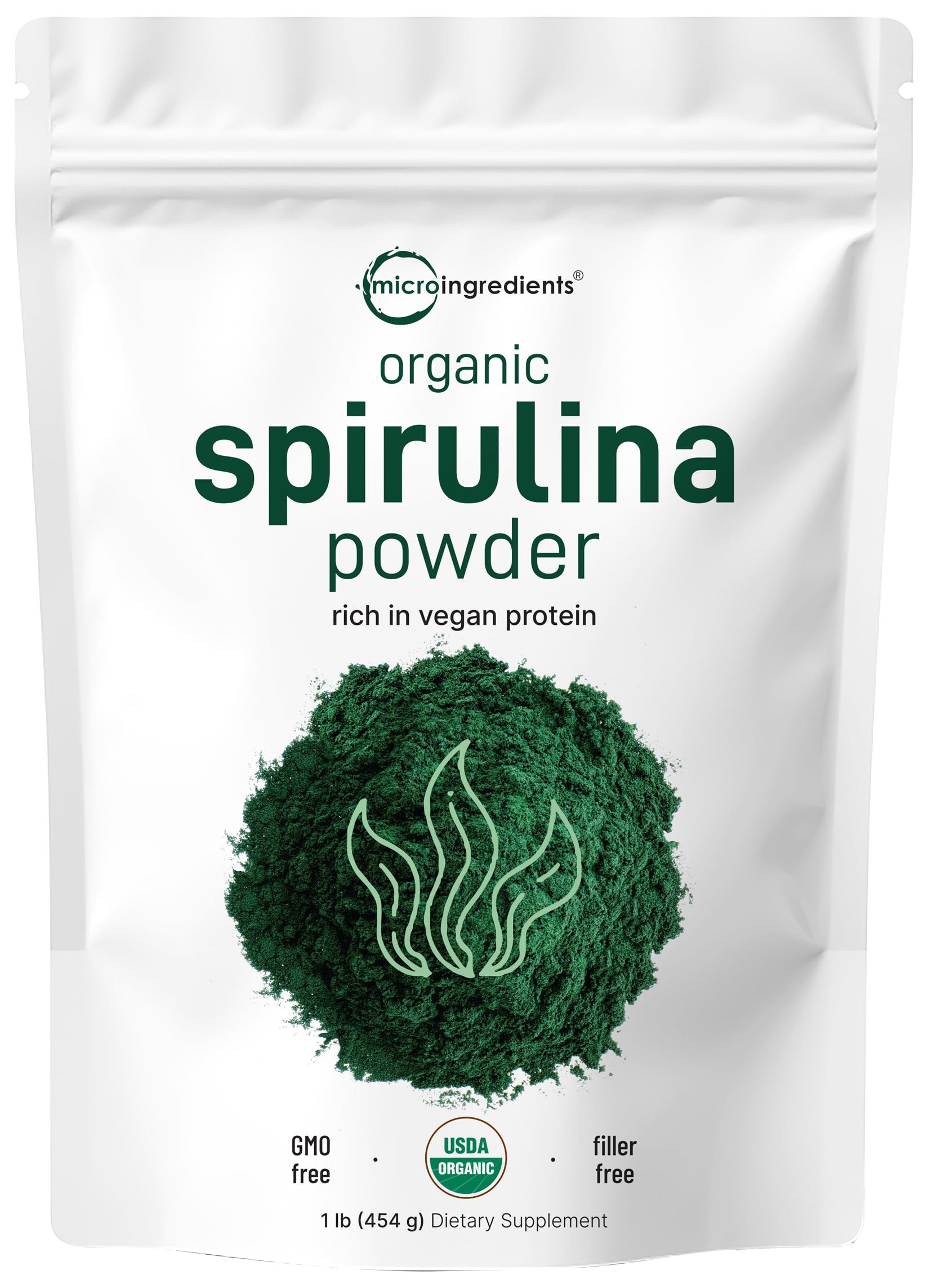 Micro Ingredients Organic Spirulina Powder, 1lb | Blue-Green Algae, Rich in Vegan Protein, Vitamins & Minerals | Source of Natural Chlorophyll & Enzymes