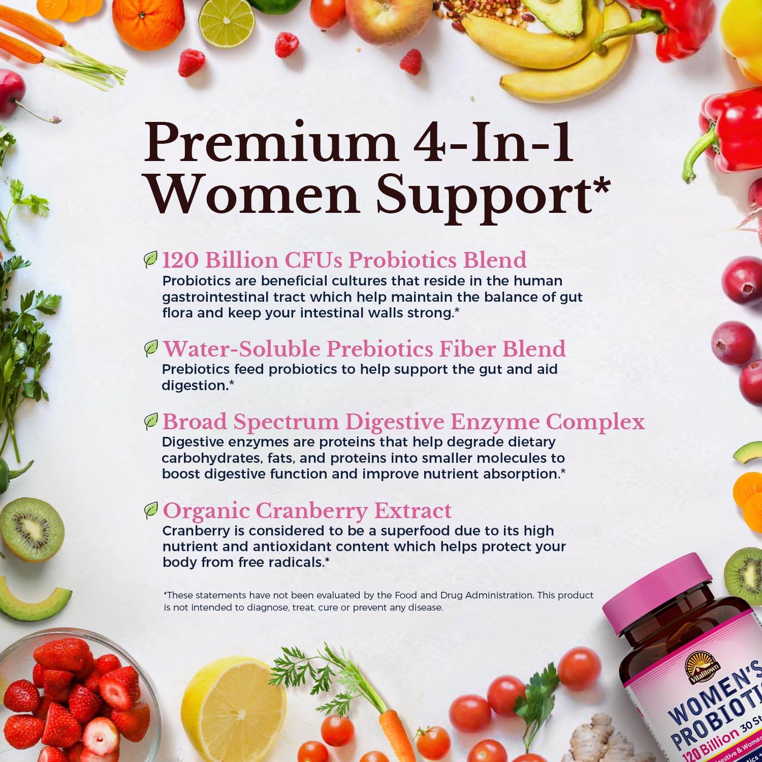 Vitalitown Probiotics for Women 120 Billion CFUs, 30 Strains, with Prebiotics & Digestive Enzymes & Cranberry, Gut & Vaginal Health, Vegan 30