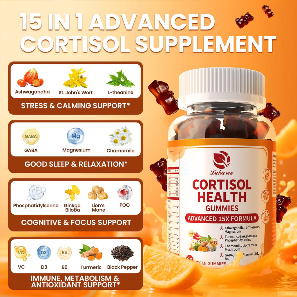 Lukaree Cortisol Supplements for Women & Men, 15 in 1 Cortisol Reducer Manager, Cortisol Calm Gummies with Ashwagandha, Magnesium, L-theanine, GABA - for Mood, Focus, Sleep - Vegan Sugar Free, 60 Ct. Lukaree Au supplements