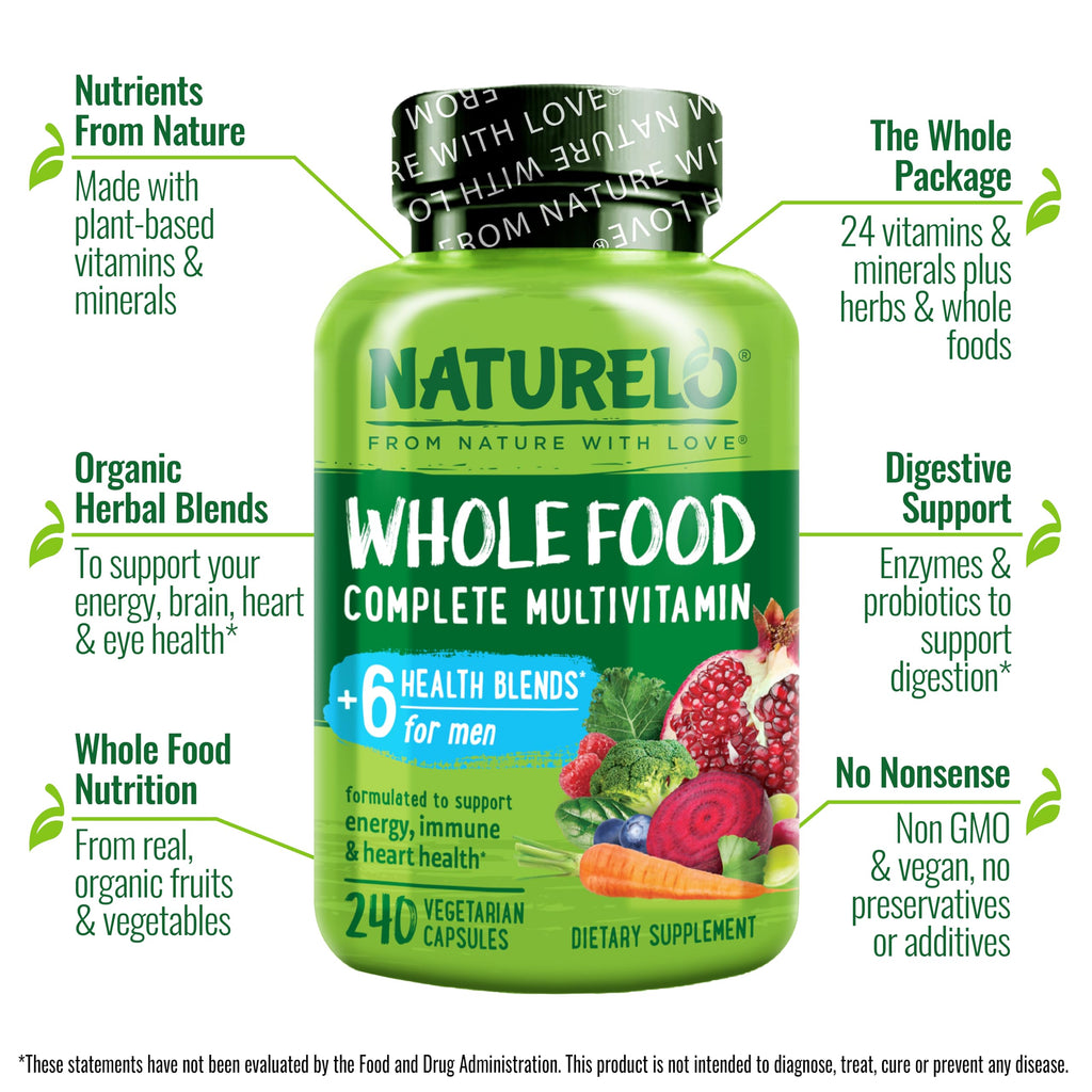 NATURELO Mens Multivitamins - Whole Food Multivitamin for Men with Vitamins, Minerals - 240 Vegetarian Capsules for Energy, Brain, Heart, Eye Health*