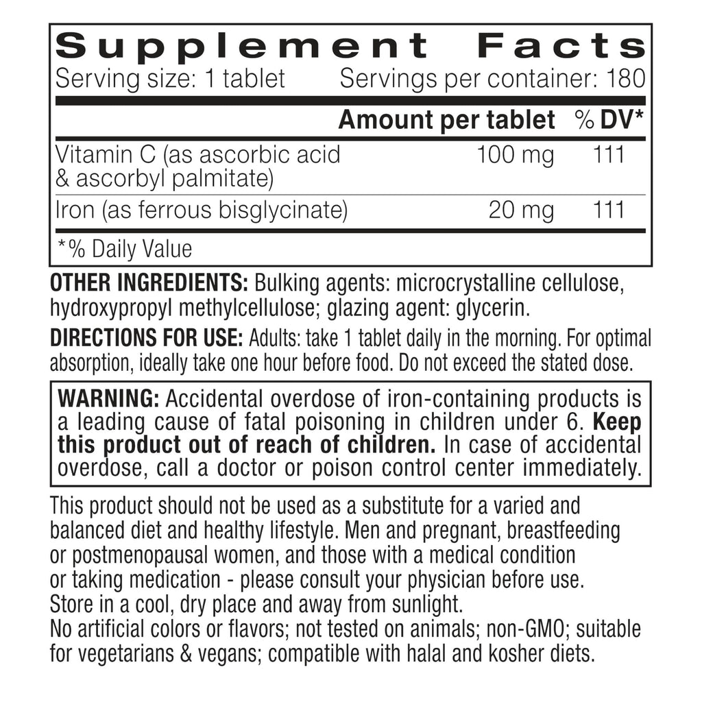 Igennus Clean Iron Bisglycinate 20mg, Vitamin C, 6 Month Supply, Gentle Chelated High Absorption Formula & Targeted Release Ferrous Bisglycinate