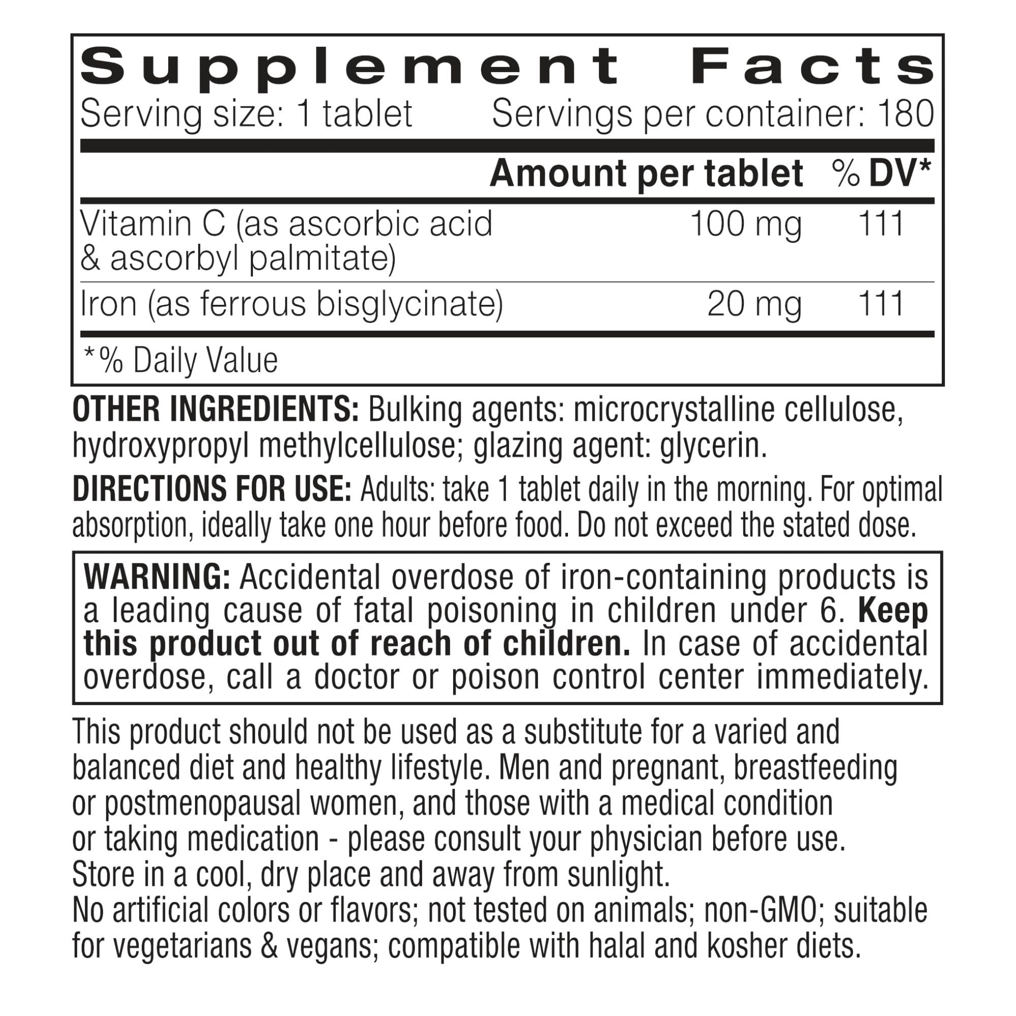 Igennus Clean Iron Bisglycinate 20mg, Vitamin C, 6 Month Supply, Gentle Chelated High Absorption Formula & Targeted Release Ferrous Bisglycinate
