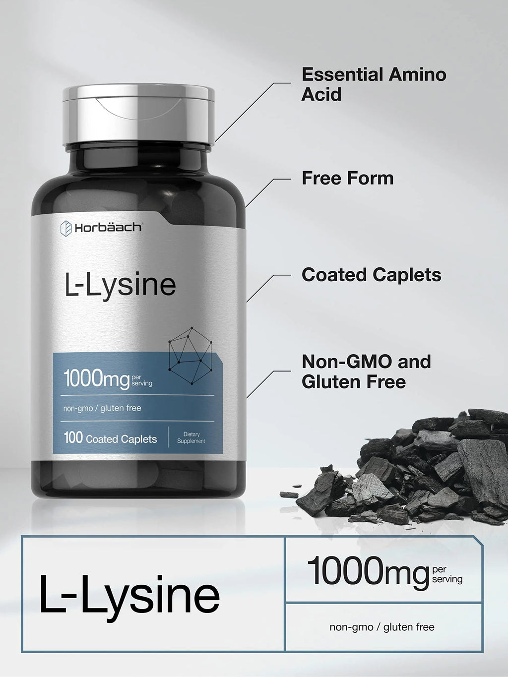 L-Lysine 1000mg | 100 Coated Caplets | Free Form Dietary Supplement | Vegetarian Horbäach Au supplements