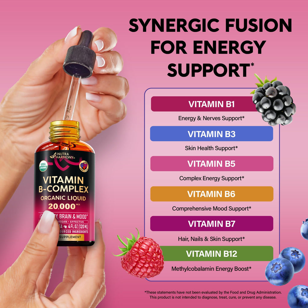 USDA Organic Vitamin B-Complex B5 Pantothenic Acid | B12 Methylcobalamin | B1 Thiamine | B6 Pyridoxine | B7 Biotin | B9 Folic | B3 Niacinamide