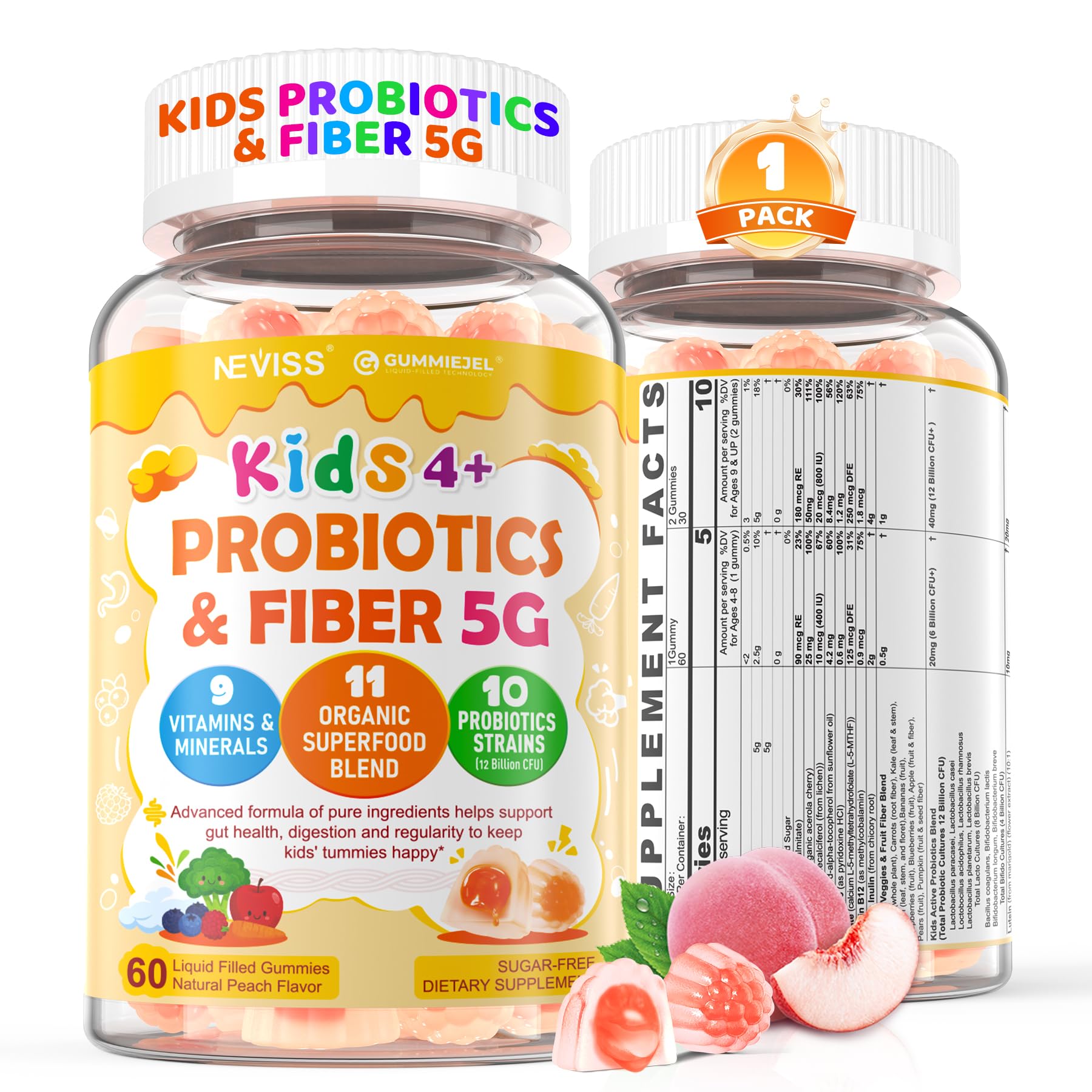 Kids Probiotic + Prebiotic Fiber Gummies 5G, 12 Billion CFU Probiotic & Veggie Fruit Fiber, w/ Organic Inulin, Methyl B12 B6 D3 C, Lutein for Children's Digestive & Gut,
