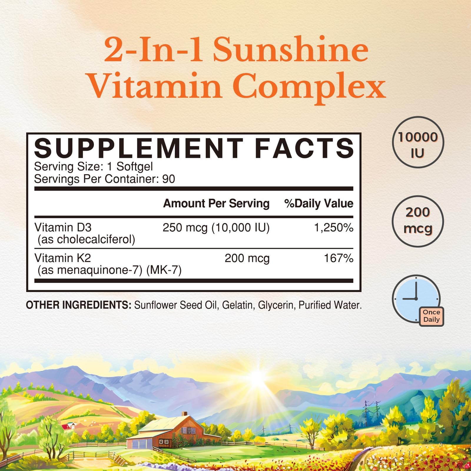 Vitalitown Vitamin D3 K2 Supplement, Vitamin D3 10000 IU Vitamin K2 (MK7) 200 mcg, 90 Softgels, Non-GMO, No Gluten & Soy