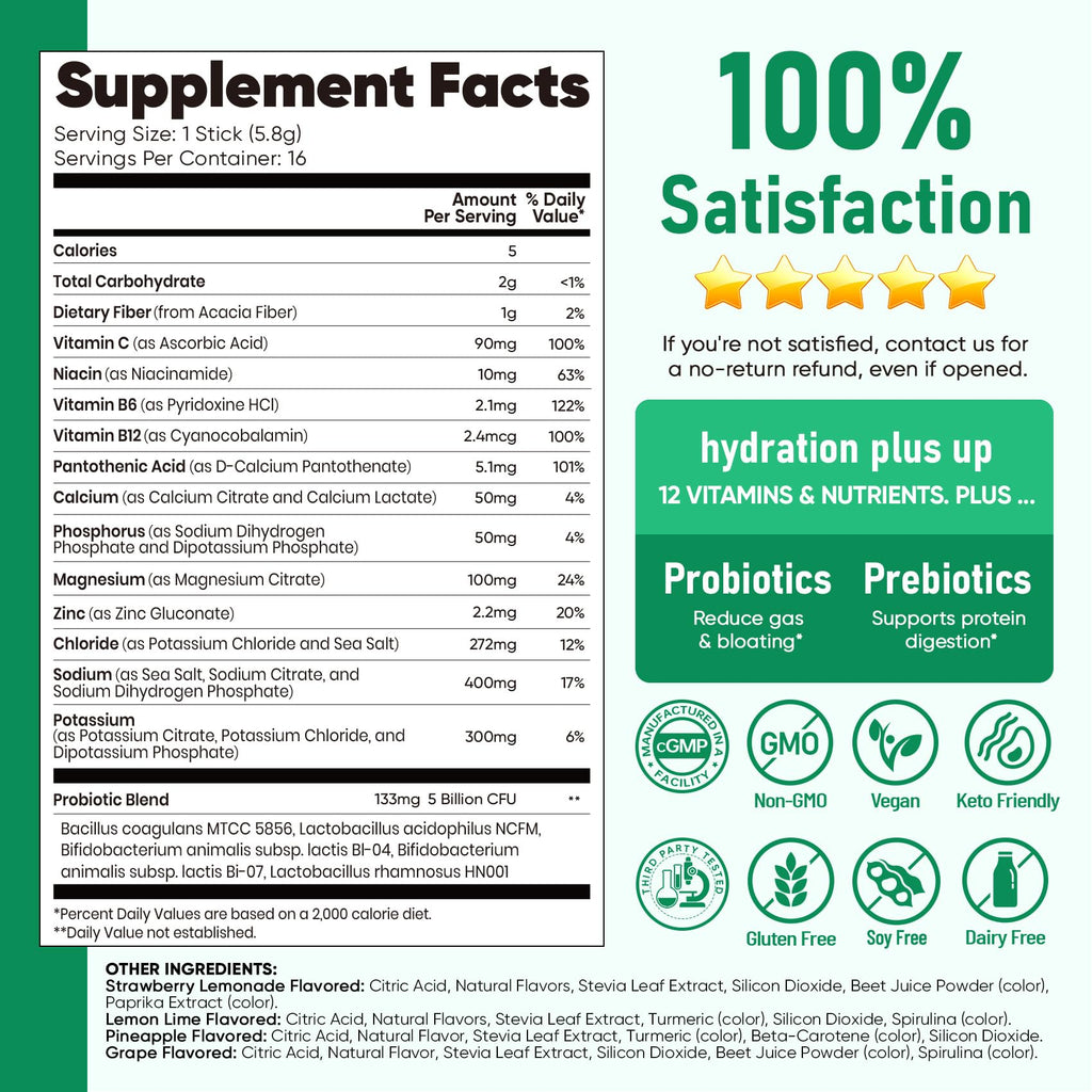 Venture Pal 2-in-1 Hydration Packets + Gut Health Electrolytes Powder - 7 Electrolytes & 5 Vitamins, Probiotics