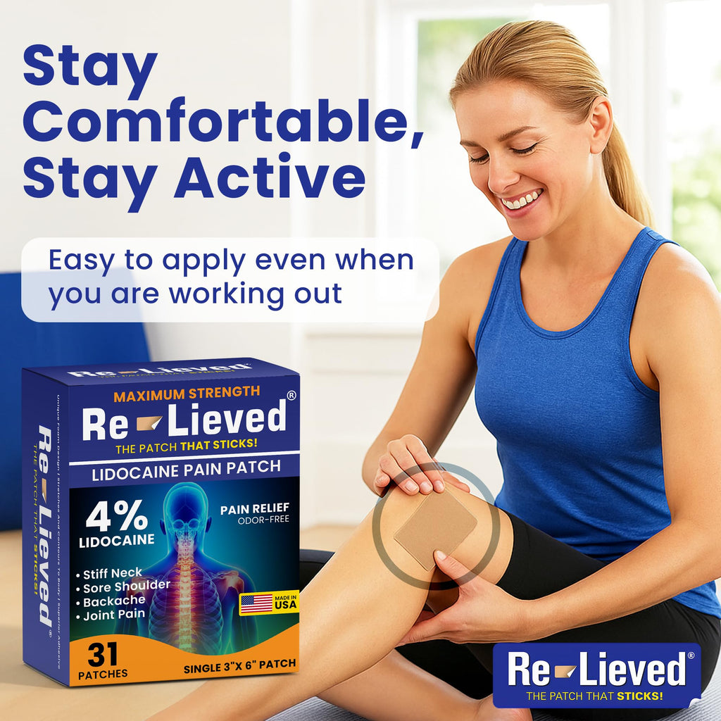 Re-Lieved 4% Lidocaine Patches Maximum Strength - Aluminum-Free, Water Resistant and USA Made -Superior Sticking Pain Relief Patches Quickly Relieves Back, Joints and Muscle Pain-3x6 Inches (31 Count) Re-lieved Au supplements