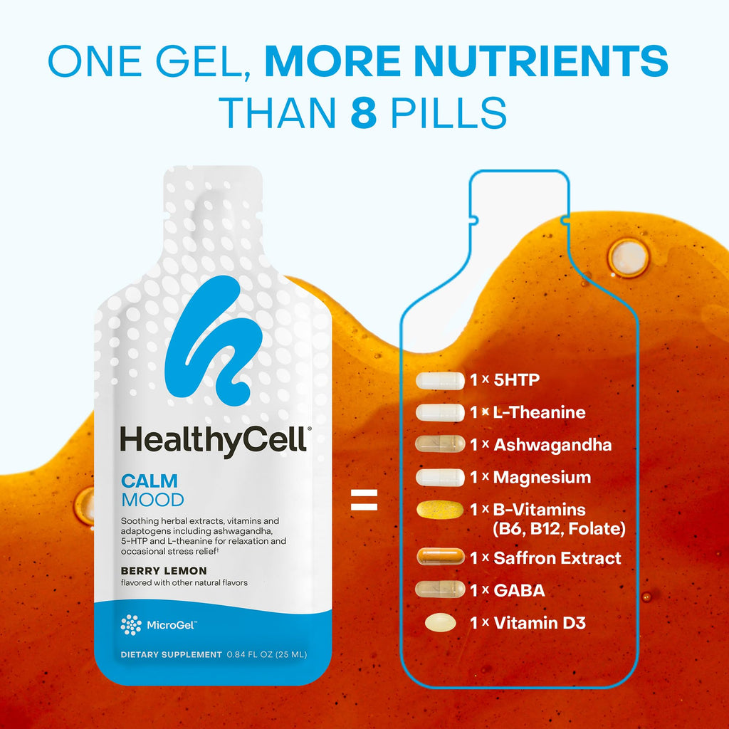 Healthycell Calm Mood Daily Liquid Supplement - Cortisol Manager & Mood Support Supplement for Stress with Ashwagandha, L-Theanine, Magnesium, 5-HTP, GABA & Saffron - 30 Gel Packs Healthycell Au supplements