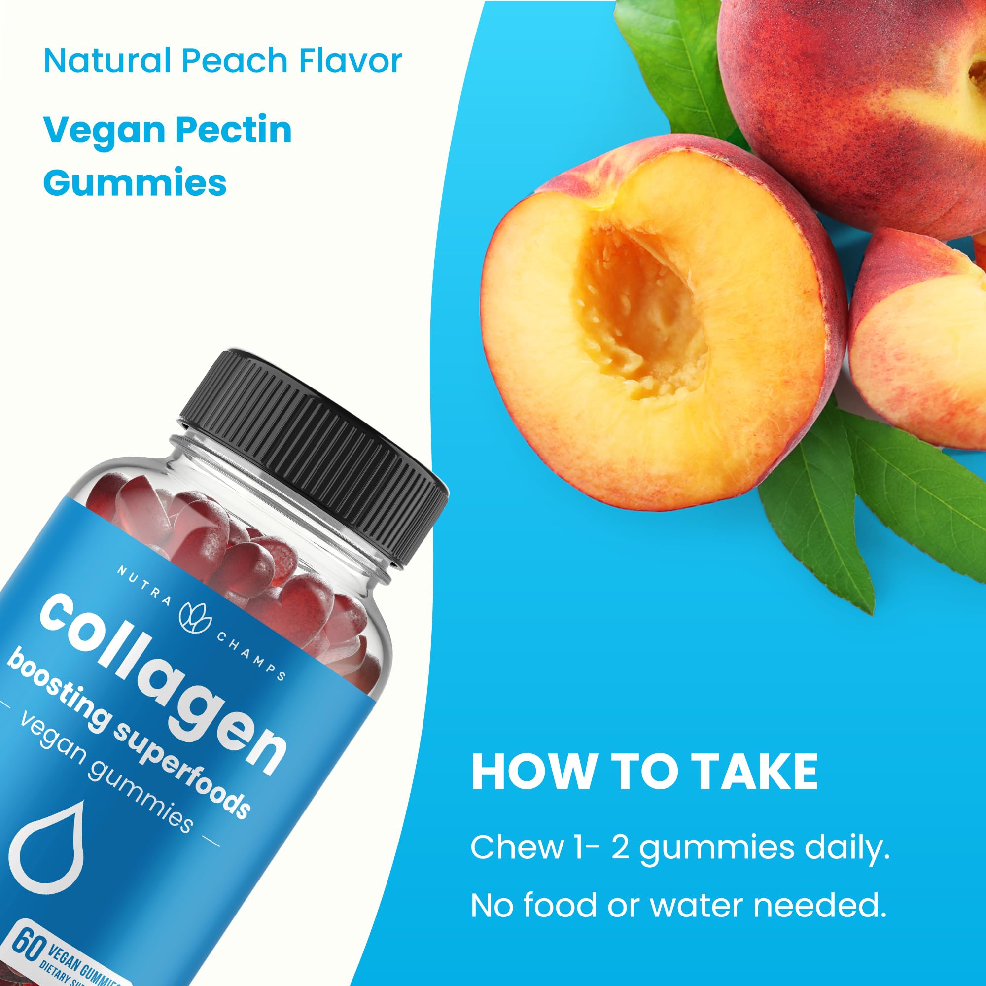 NutraChamps Collagen Boosting Gummies, Collagen Booster Gummy for Natural Collagen Production, Vegan Pectin Supplements Chews for Women & Men,