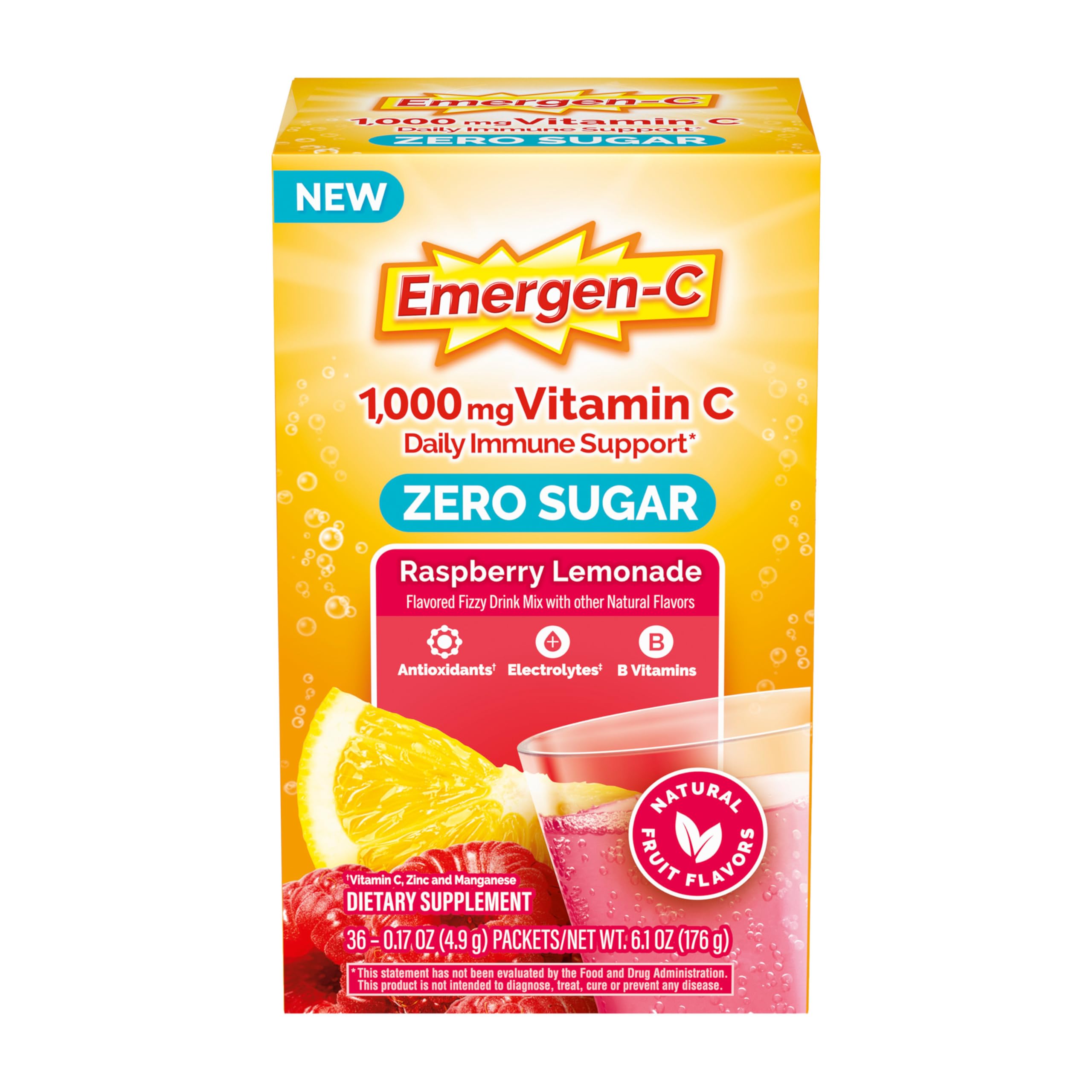 Emergen-C Zero Sugar 1000 mg Vitamin C Powder for Daily Immune Support Caffeine Free Vitamin C Supplements with Zinc and Manganese, B Vitamins and Electrolytes
