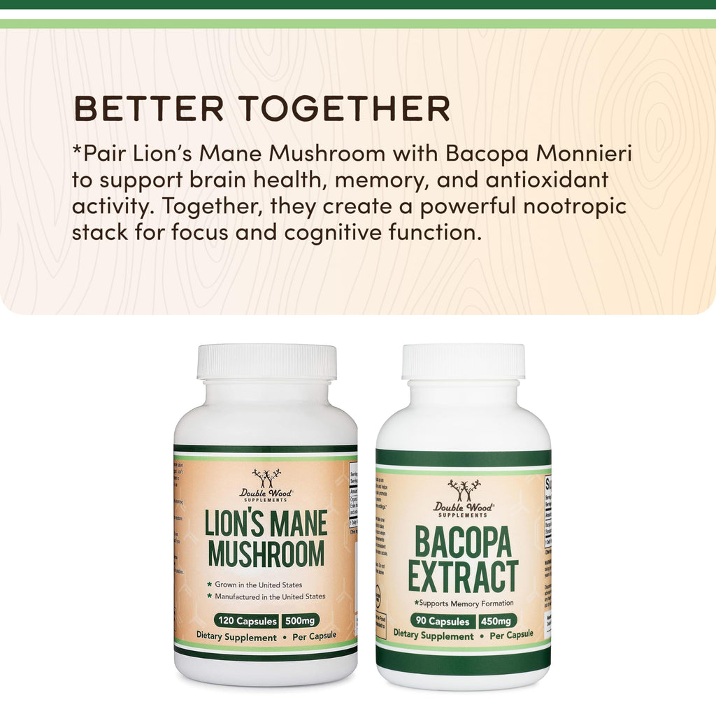Organic Lions Mane Mushroom Capsules (120 Count), for Focus Support and Immune Health, Third Party Tested and Grown in The USA - by Double Wood Double Wood Supplements Au supplements