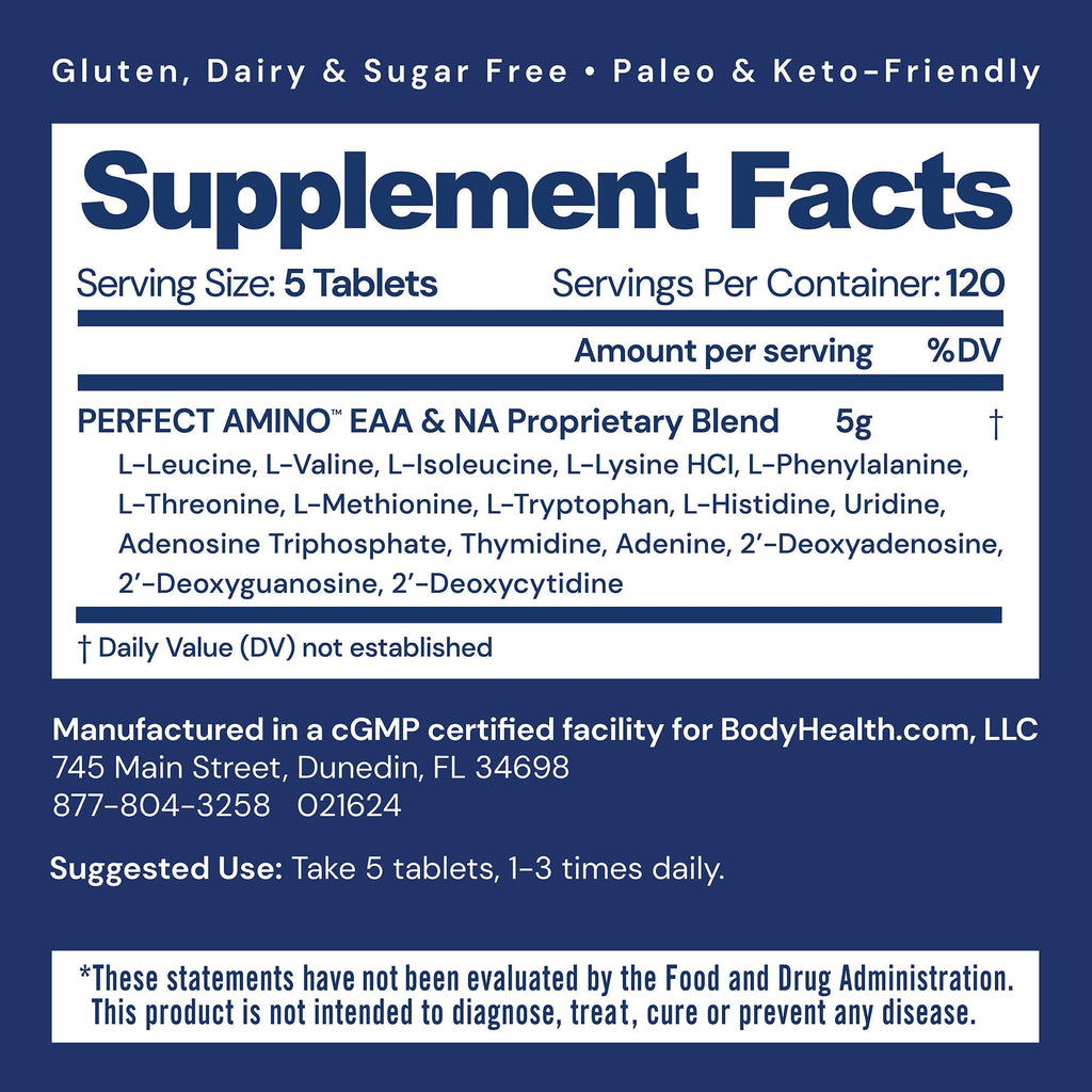 BodyHealth PerfectAmino, Essential Amino Acid with BCAAs + Lysine, Phenylalanine, Threonine, Methionine, Tryptophan, Supplement for Muscle Mass Production,
