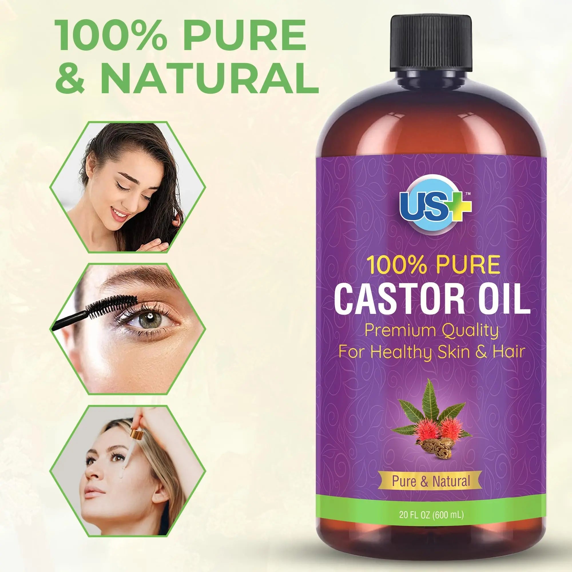 Us+ 20oz 100% Pure Castor Oil - Cold-pressed, Unrefined, Hexane-free - USP Grade - Premium Quality Us+ Au supplements