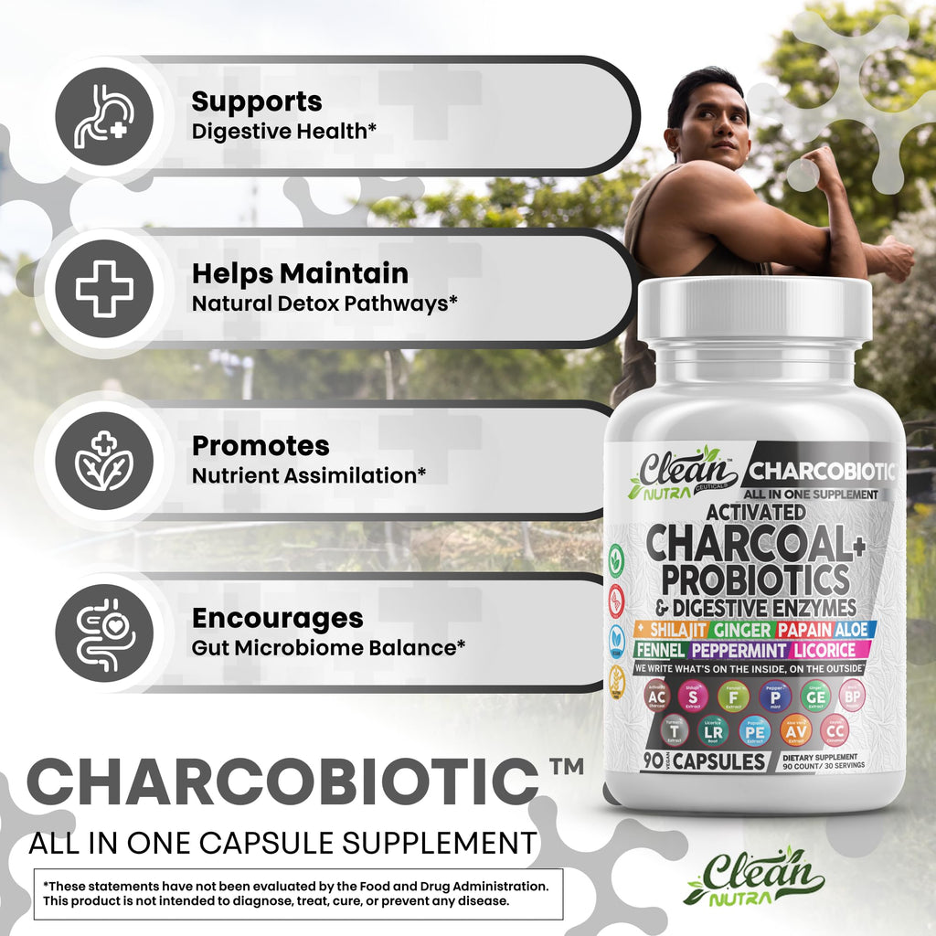 Clean Nutra Activated Charcoal Pills + Shilajit Probiotic Digestive Enzymes for Digestive Health Capsules with Peppermint Fennel Licorice Papain Ginger Turmeric Powder | Gut Health Clean Nutraceuticals Au supplements