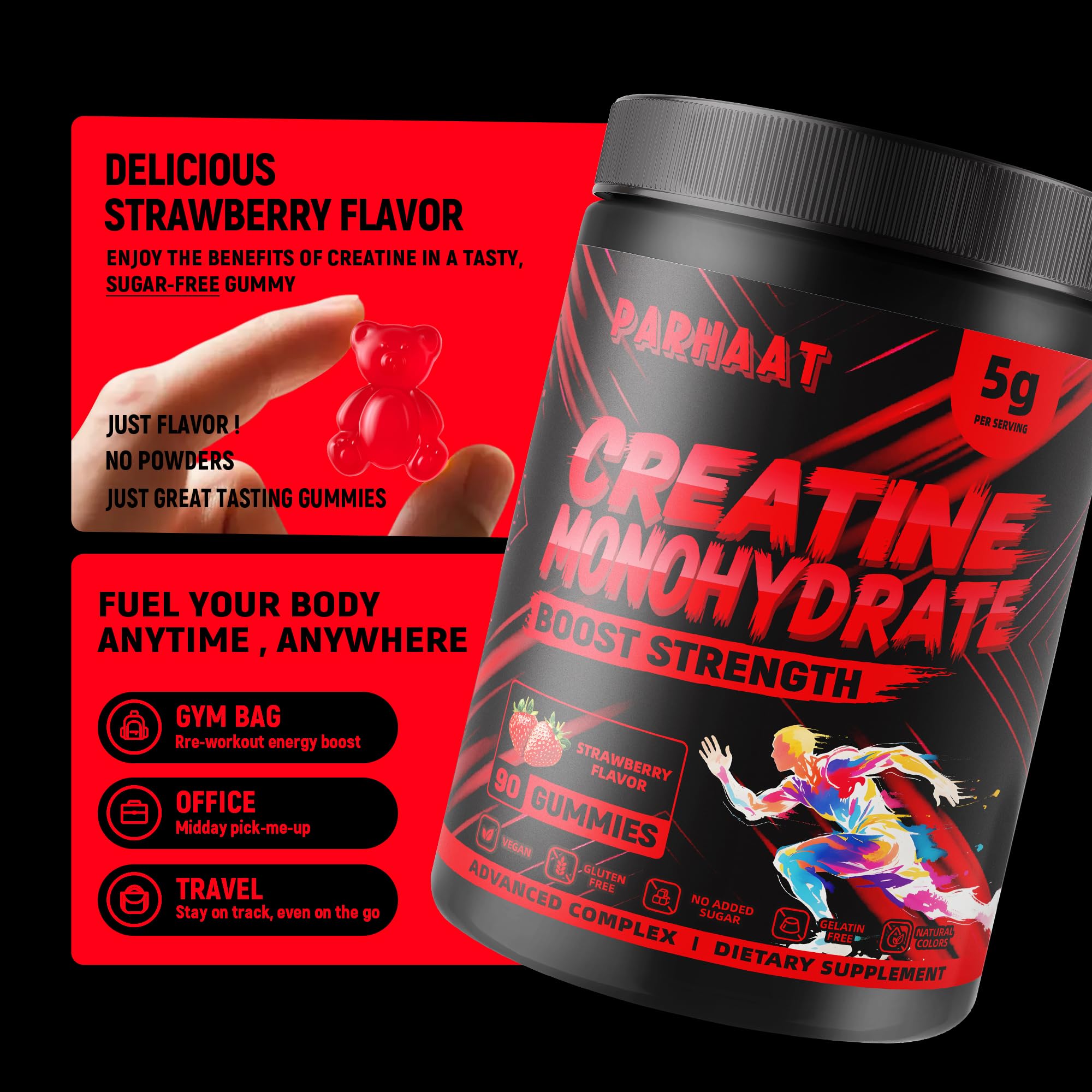 NSF Certified Creatine Gummy - Creatine Monohydrate Gummies 5g for Men & Women - Boost Focus,Strength, and Endurance, Vegan, Gluten-Free, Non-GMO, 2.5 Gram Creatine