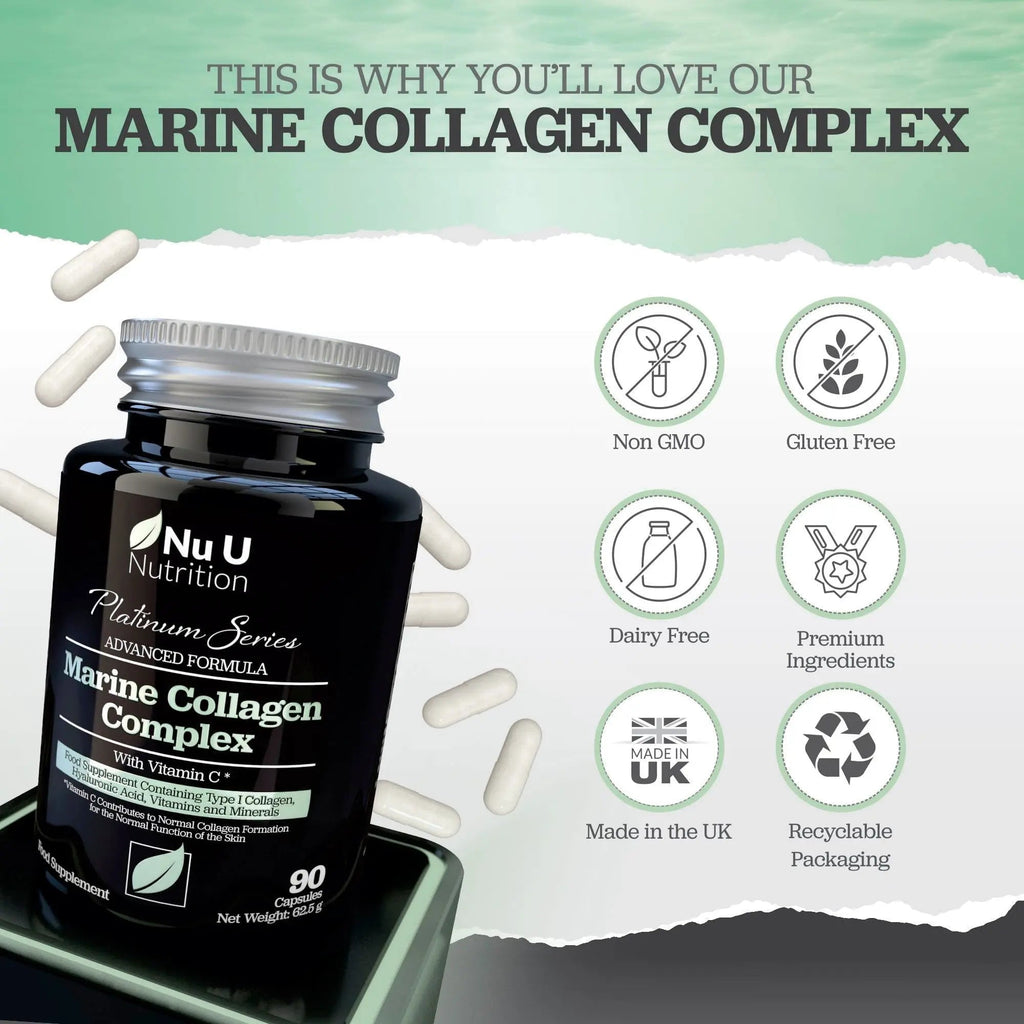 Marine Collagen with Hyaluronic Acid, Vitamin C - 90 Hydrolysed Capsules (not Tablets) - Premium High Strength Collagen Nu U Nutrition Au supplements