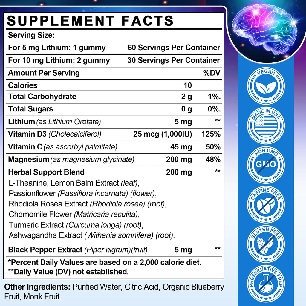 12-in-1 Lithium Orotate 5mg 10mg with Ashwagandha & L-Theanine, Lithium Orotate for Mood, Calm, Cognitive & Brain, High Bioavailability Trace Mineral, Lemon Balm