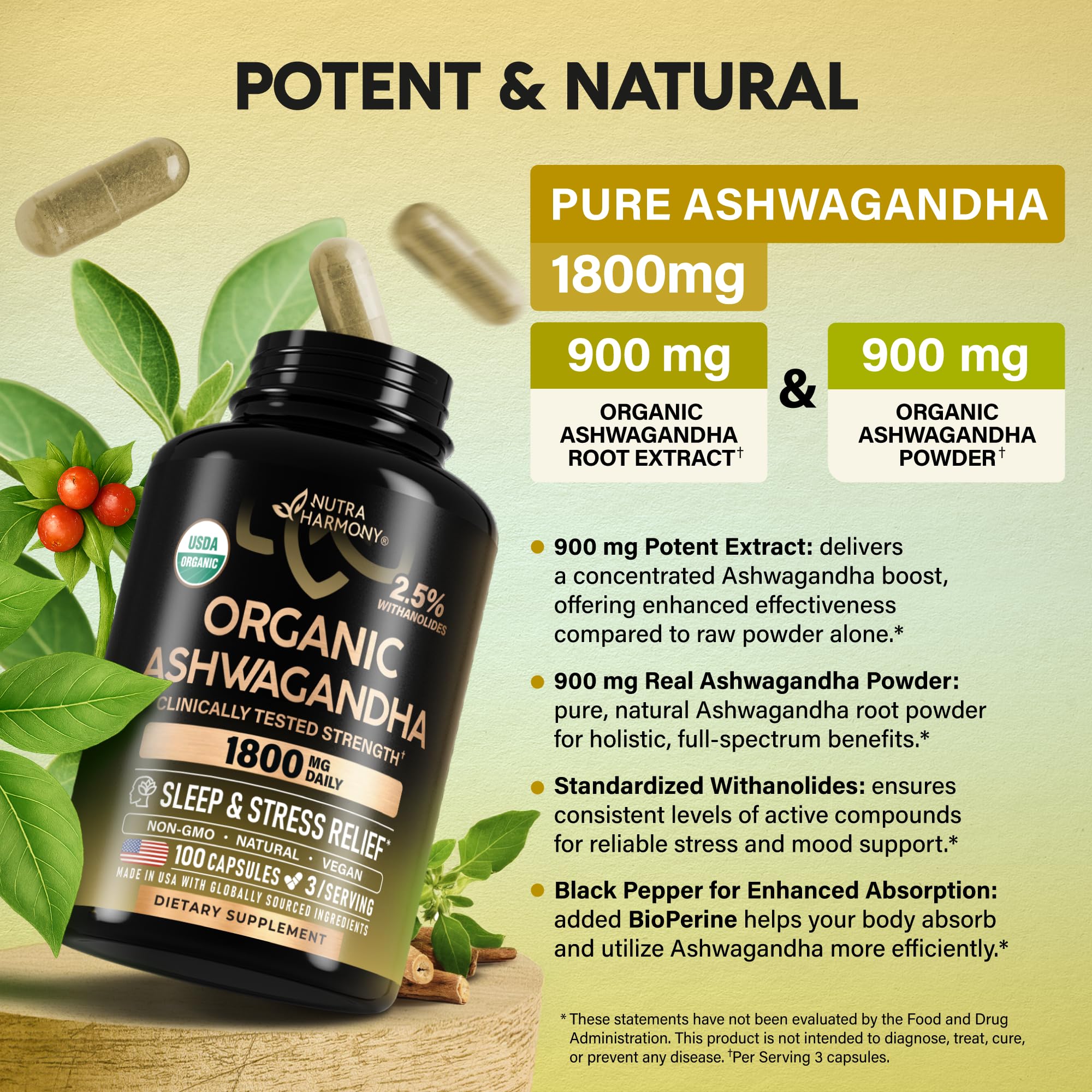 Ashwagandha Supplements 1800mg - USDA Organic Ashwagandha for Women & Men - Clinically Effective Strength for Stress Relief & Sleep - Powder & Root Extract 2.5% Withanolides - Made in USA 100 Capsules NUTRAHARMONY Au supplements