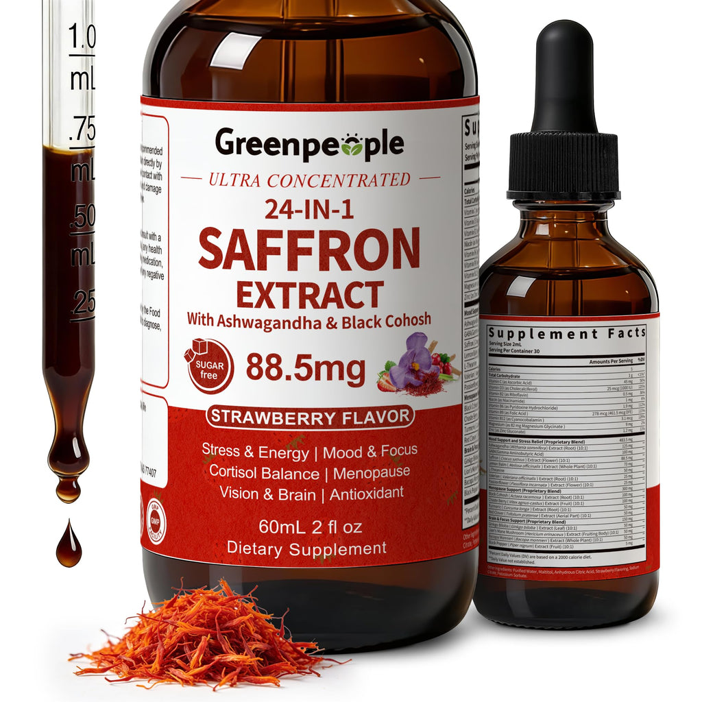 GREENPEOPLE Saffron Extract Supplements Drop - 24-in-1 88.5mg Saffron Extract with Ashwagandha,Black Cohosh & Lion's Mane for Mood&Focus,Stress Relief,Cortisol Reducer,Menopause – Vegan 2FL OZ GREENPEOPLE Au supplements