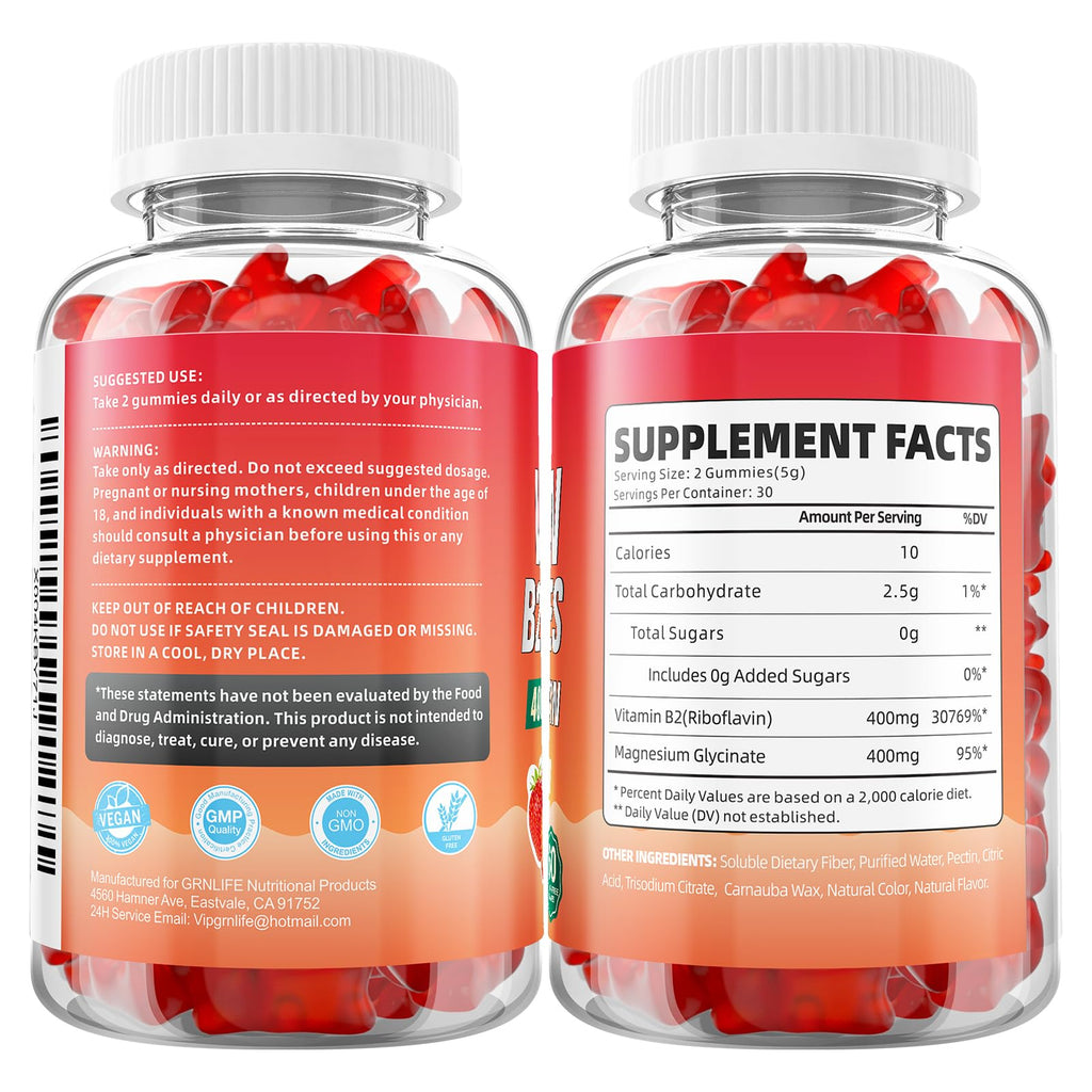 GrnLife 2 Pack Vitamin B2 Gummies, Riboflavin 400mg with Magnesium for Kids & Adults, Migraine Relief & Energy Support