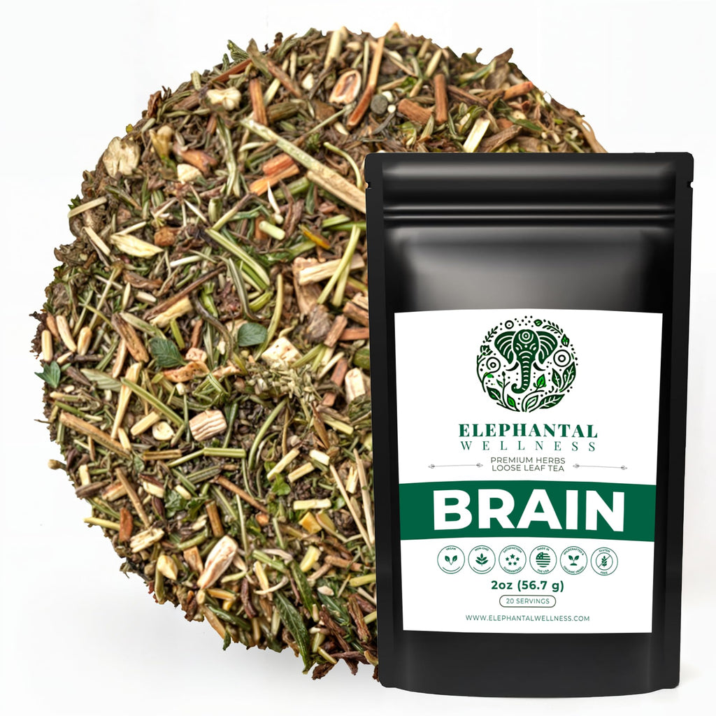 Elephantal Wellness Premium Brain Herbal Tea | Nootropic Focus & Mental Clarity with Ginkgo, Bacopa, Gotu Kola & Rosemary | Non-GMO, Caffeine-Free Coffee Alternative, Handmade Loose Leaf Blend, 2oz Loose Leaf, 20 Servings Elephantal Wellness Au supplements