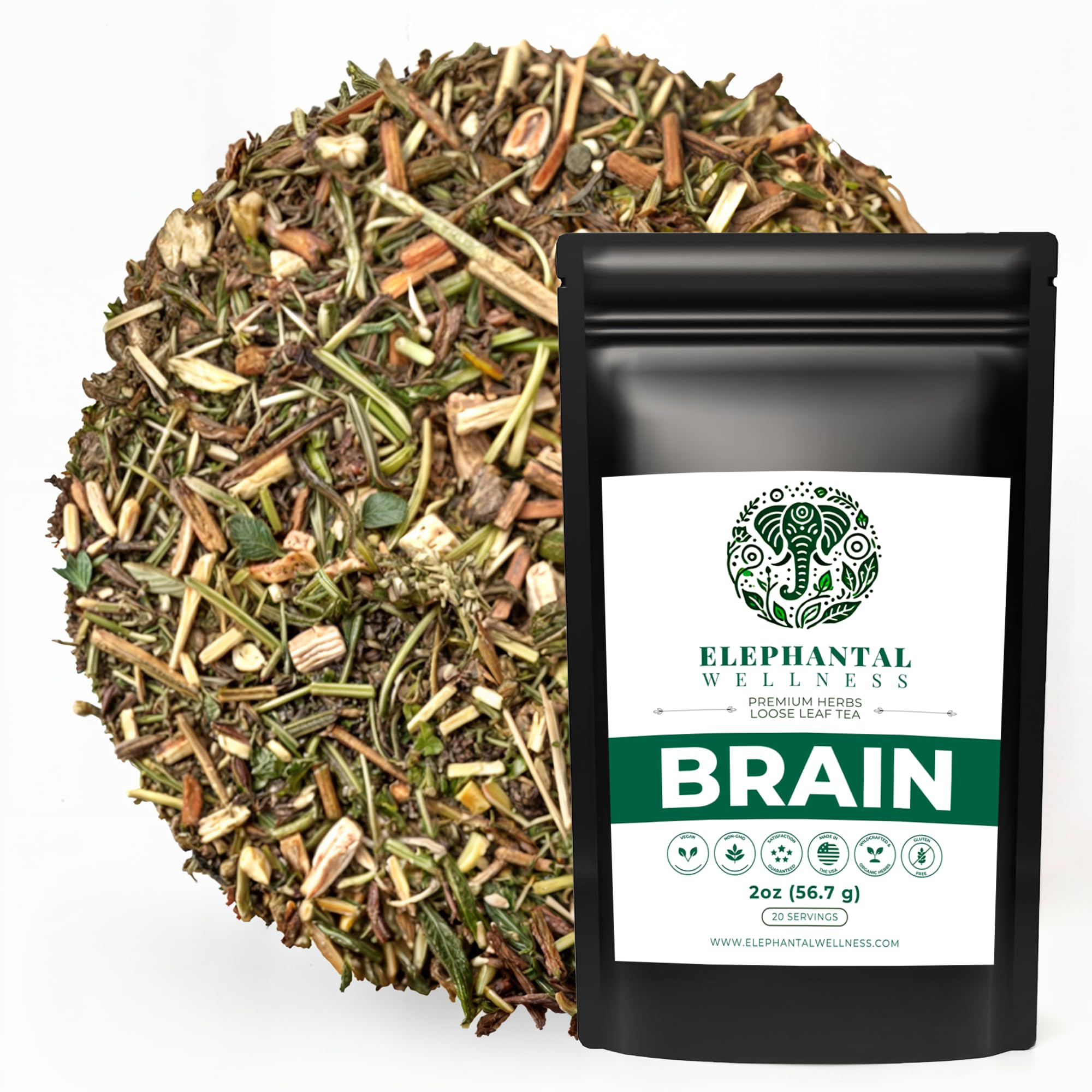 Elephantal Wellness Premium Brain Herbal Tea | Nootropic Focus & Mental Clarity with Ginkgo, Bacopa, Gotu Kola & Rosemary | Non-GMO, Caffeine-Free Coffee Alternative, Handmade Loose Leaf Blend, 2oz Loose Leaf, 20 Servings Elephantal Wellness Au supplements