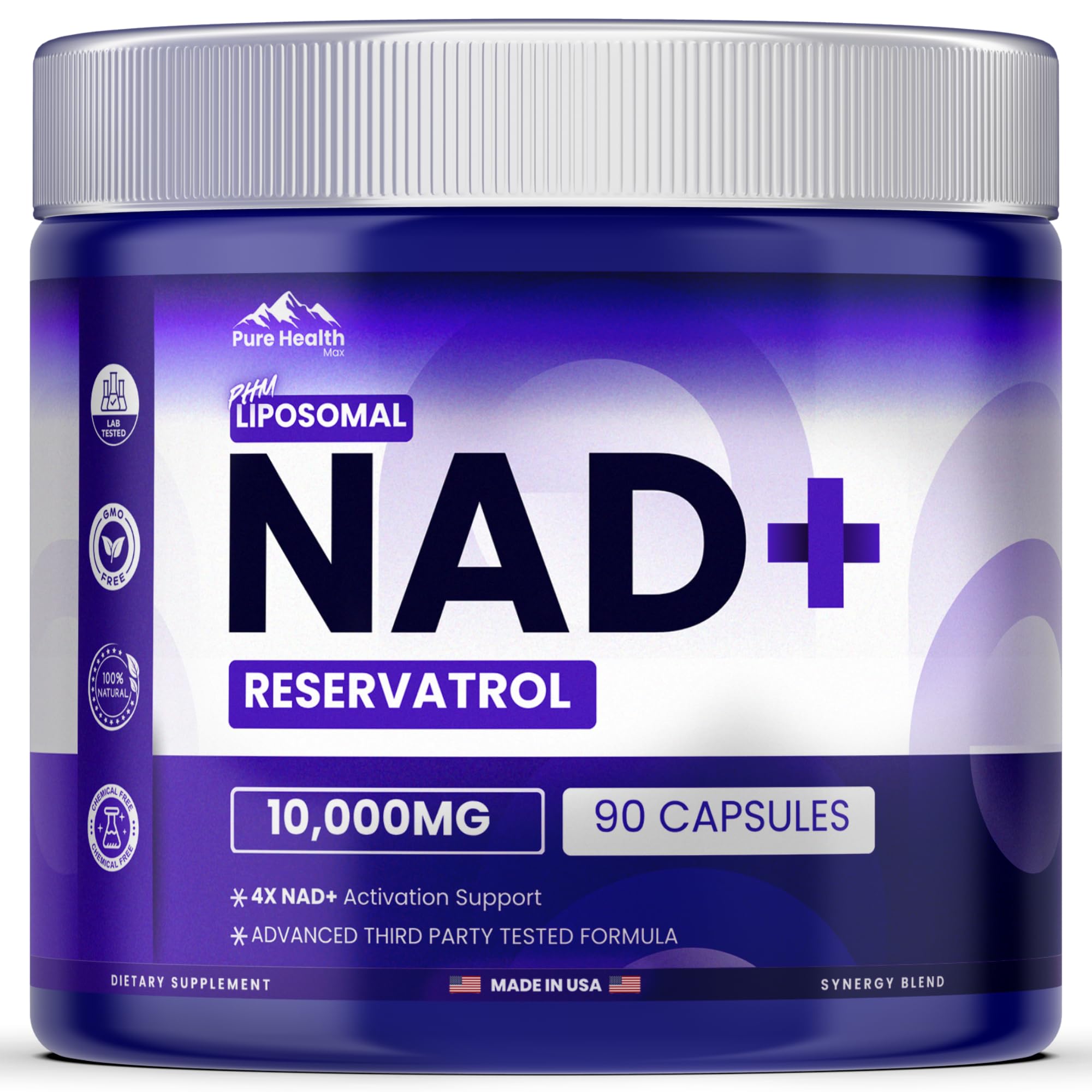 PURE HEALTH MAX PHM NAD Resveratrol Supplement - 10,000MG Extra Strength | NAD+ Liposomal Supplements for Men and Women | NMN & NMNH Alternative | 90 Capsules, 1.5 Months Supply PURE HEALTH MAX Au supplements