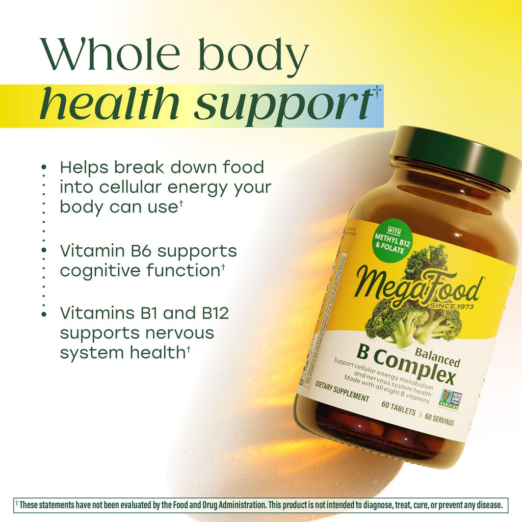 MegaFood Balanced B Complex - B Complex Vitamin Supplement - 8 B Vitamins Including Vitamin B6, Vitamin B12, Folate, Biotin & More - Supports Cellular Energy Production