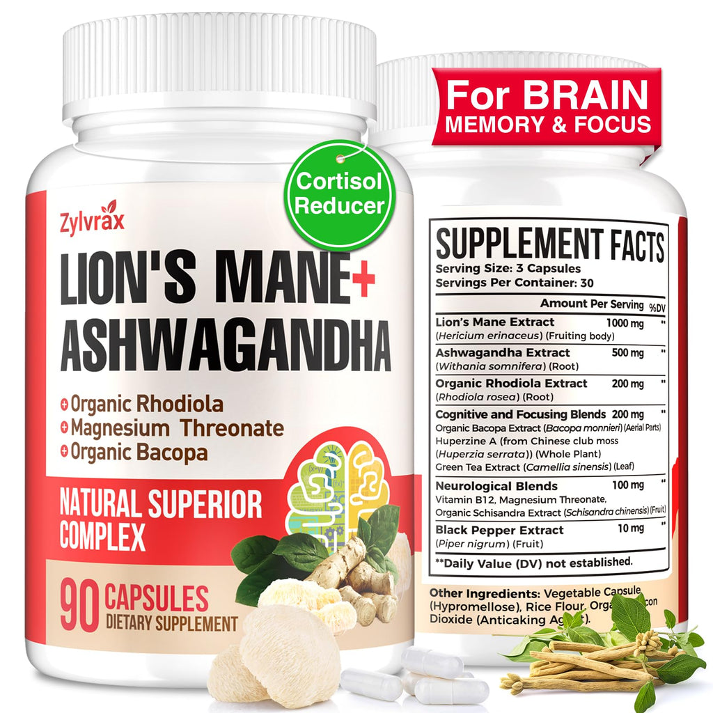Ashwagandha & Lions Mane Supplements Capsules, Brain Supplements for Memory and Focus, Ashwagandha with Rhodiola Rosea for Cognitive, Immune Support, Cortisol Supplements for Women, 90 Capsules Zylvrax Au supplements