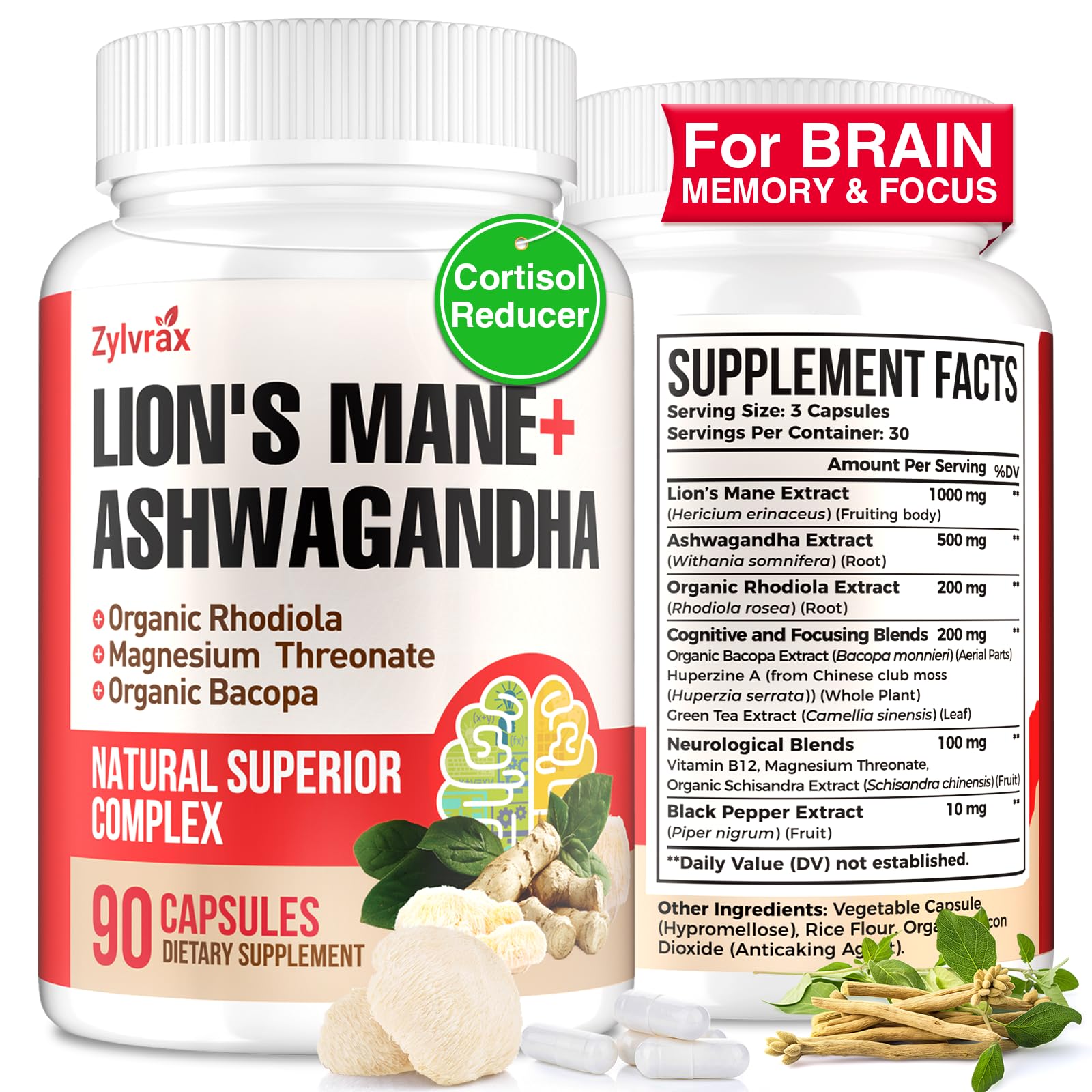 Ashwagandha & Lions Mane Supplements Capsules, Brain Supplements for Memory and Focus, Ashwagandha with Rhodiola Rosea for Cognitive, Immune Support, Cortisol Supplements for Women, 90 Capsules Zylvrax Au supplements
