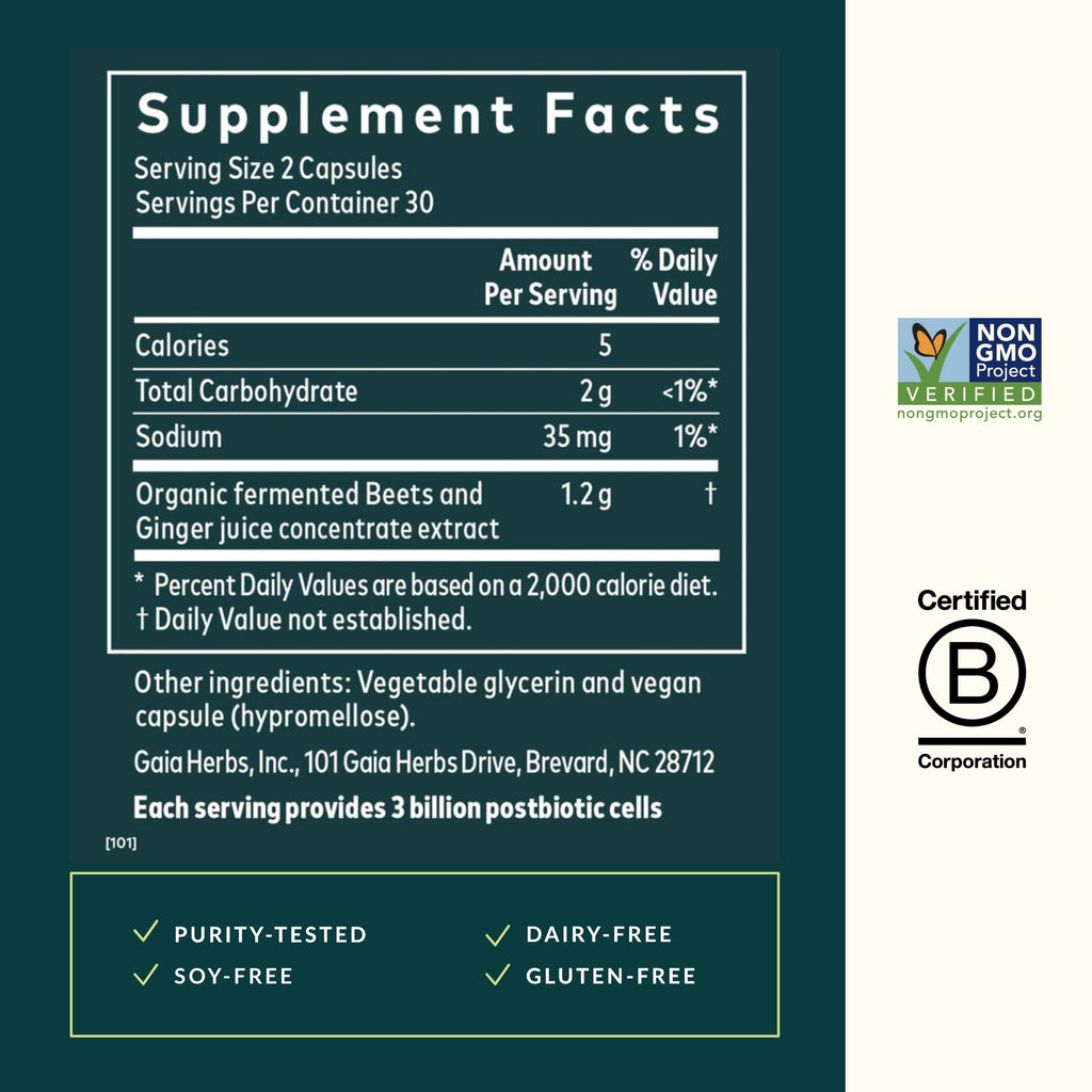 Gaia Herbs Ginger-Beet Postbiotic - Supplement for Gut & Heart Health Support* - Made with Fermented Beets & Ginger - Free from Dairy, Soy & Gluten - 60 Vegan Liquid Phyto-Caps (30 Servings) Gaia Herbs Au supplements