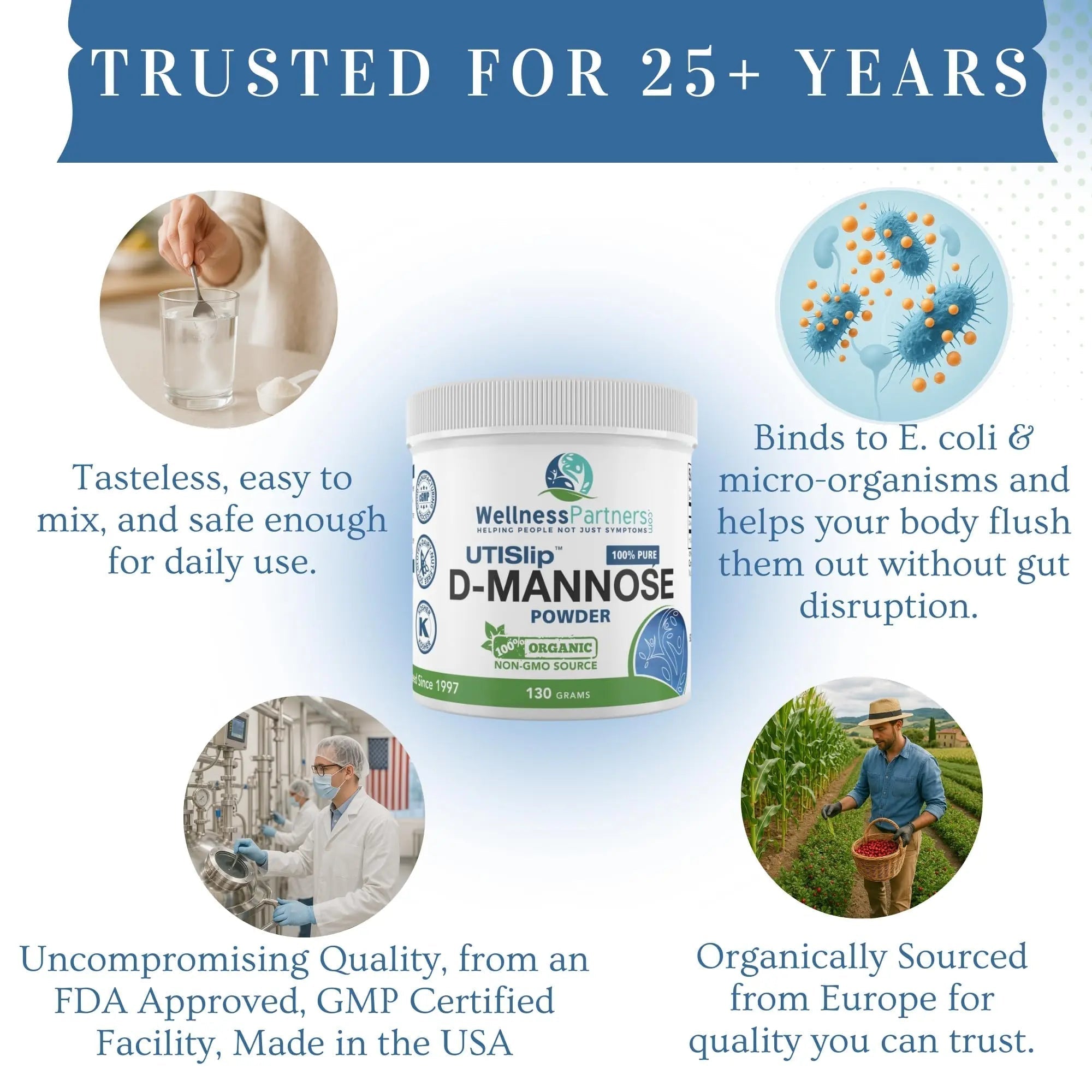 Now New UTI-Slip D Mannose Non GMO Organic Source Powder 130g jar. WellnessPartners Au supplements