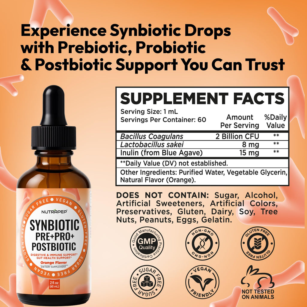 NutraPep Synbiotic Liquid Drops - Probiotic Prebiotic & Postbiotic Supplement for Adults Kids Ages 4+ - Daily Synbiotic for Gut Health Digestive & Immune Support