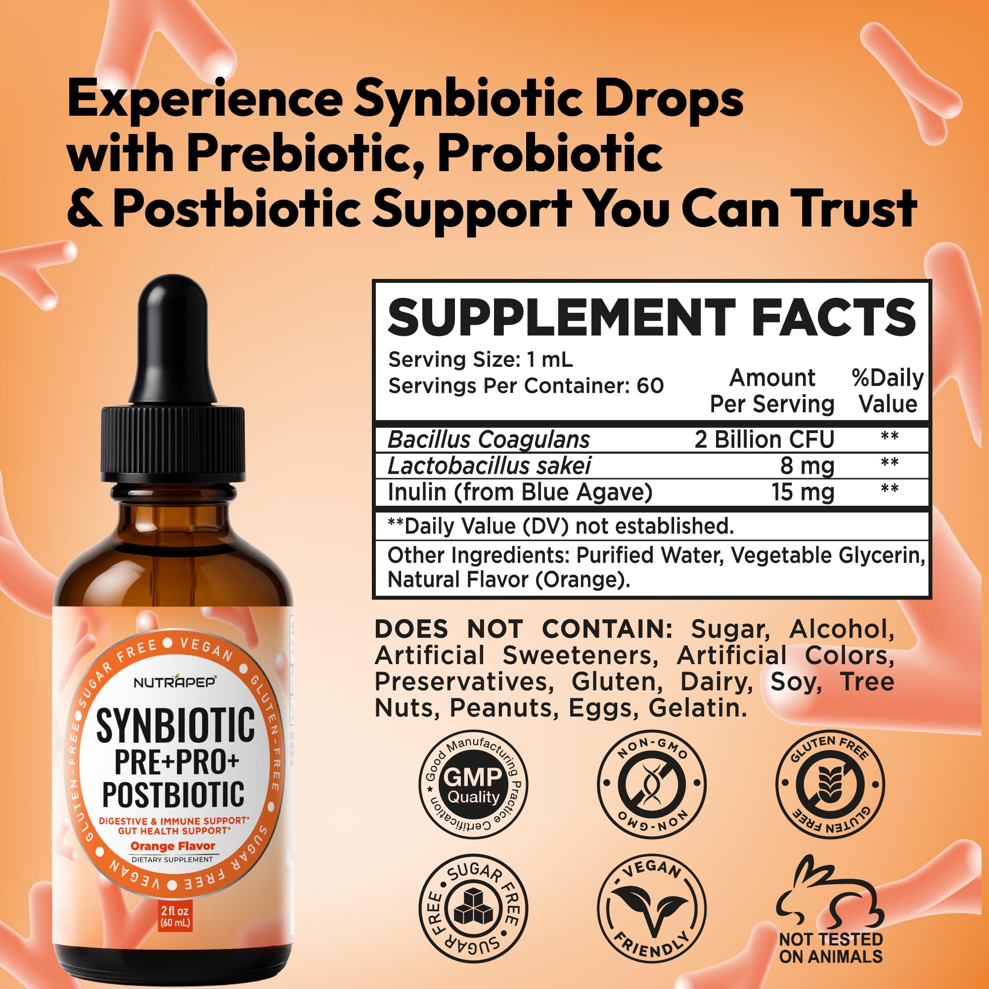 NutraPep Synbiotic Liquid Drops - Probiotic Prebiotic & Postbiotic Supplement for Adults Kids Ages 4+ - Daily Synbiotic for Gut Health Digestive & Immune Support
