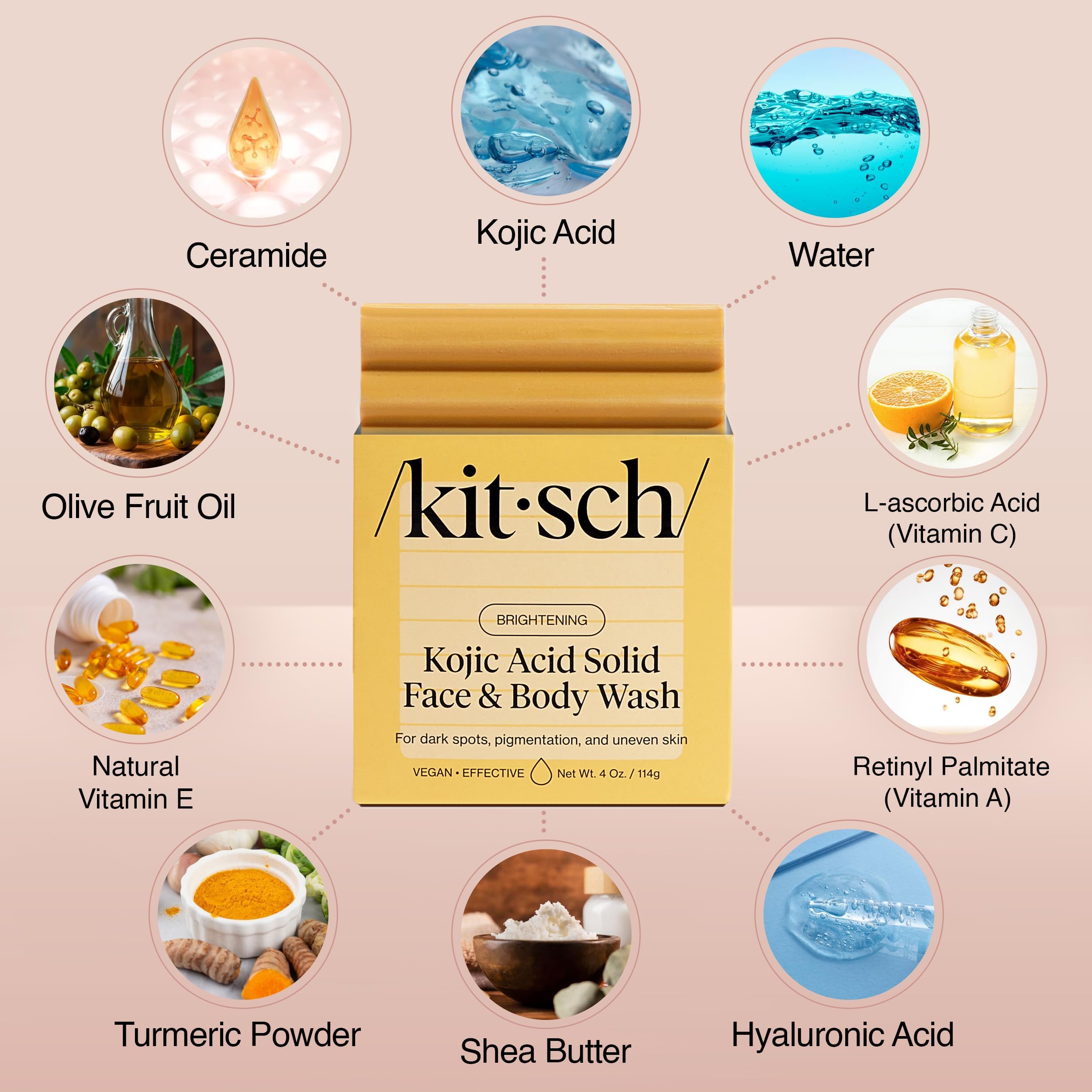 Kitsch Kojic Acid Soap – Turmeric Soap Bar with Hyaluronic Acid & Shea Butter – Brightening & Hydrating Body Wash & Face Wash for Dark Spots