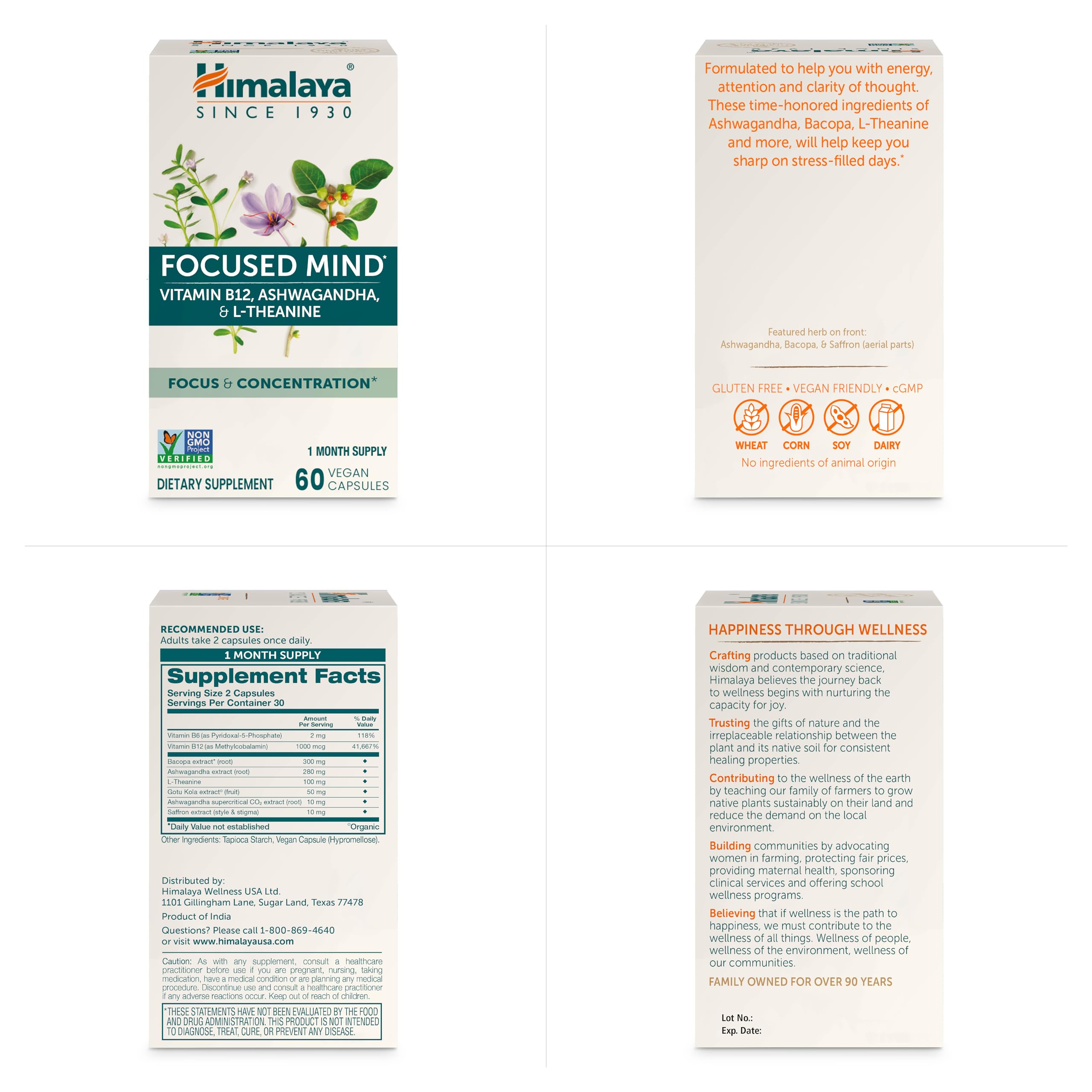 Himalaya Focused Mind Supplement, with Ashwagandha, Bacopa & L-Theanine for Attention, Focus and Energy Support, 60 Vegan Capsules, Gluten Free, 1 Month Supply Himalaya Au supplements