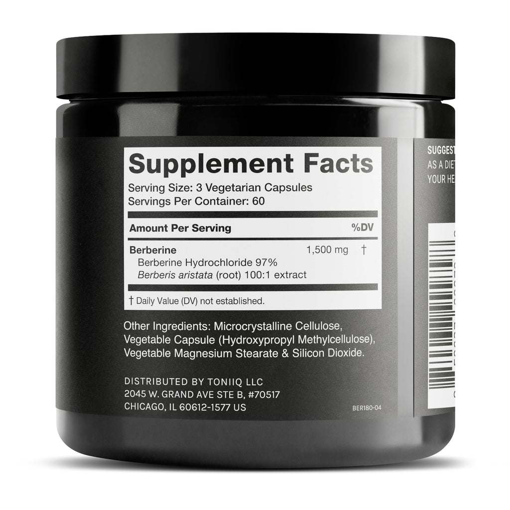Toniiq Ultra High Strength Berberine HCl from The Himalayas - 100:1 Concentrated Extract - Lab-Tested 97% Berberine HCl - 180 Vegetarian Capsules, 1500 mg per Serving Toniiq Au supplements
