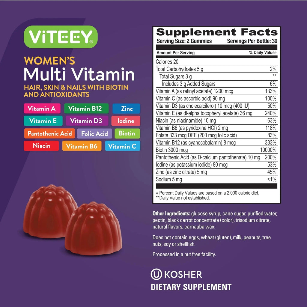Viteey Womens Multivitamin Gummies - Immune Support - 12 in 1 Essential Vitamins & Minerals - Vitamin A, C, D3, E, B6, B12, Folic Acid, Biotin, Calcium Viteey Au supplements