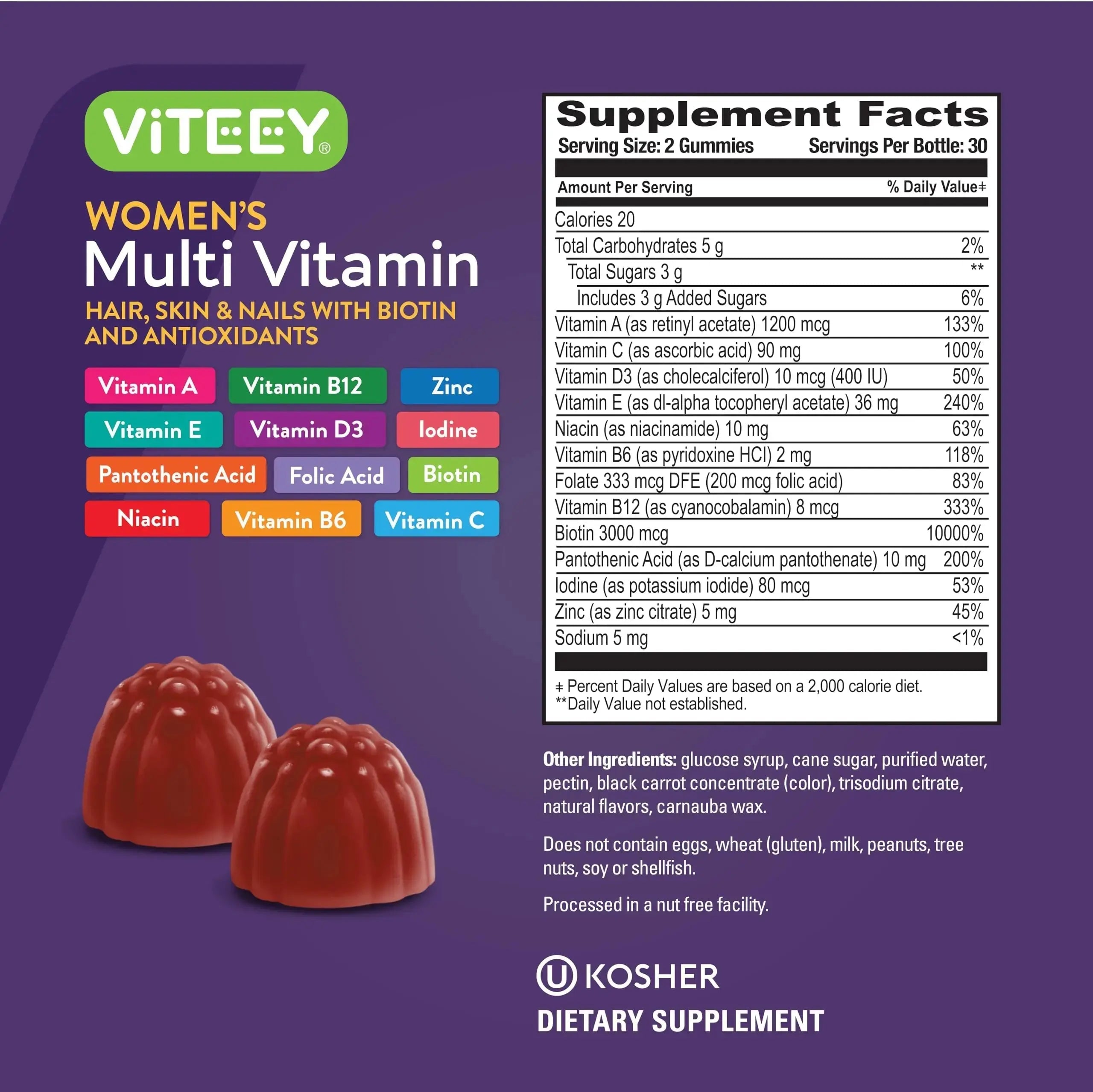 Viteey Womens Multivitamin Gummies - Immune Support - 12 in 1 Essential Vitamins & Minerals - Vitamin A, C, D3, E, B6, B12, Folic Acid, Biotin, Calcium Viteey Au supplements