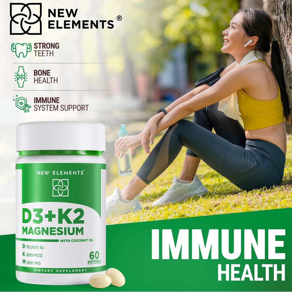 New Elements Vitamin D3 K2 10,000 IU with Magnesium Glycinate 500mg - Bone Health, Immune Support, Energy & Mood - Non-GMO, Gluten-Free