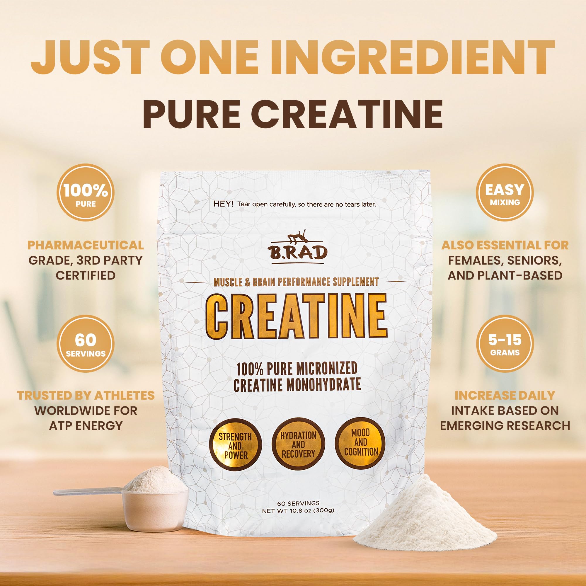B.rad 100% Pure Micronized Creatine Monohydrate Powder | Natural, No Additives | Boosts Muscle Strength, Recovery & Performance | Supports Brain Health | 300g, 60 Servings B.rad Au supplements