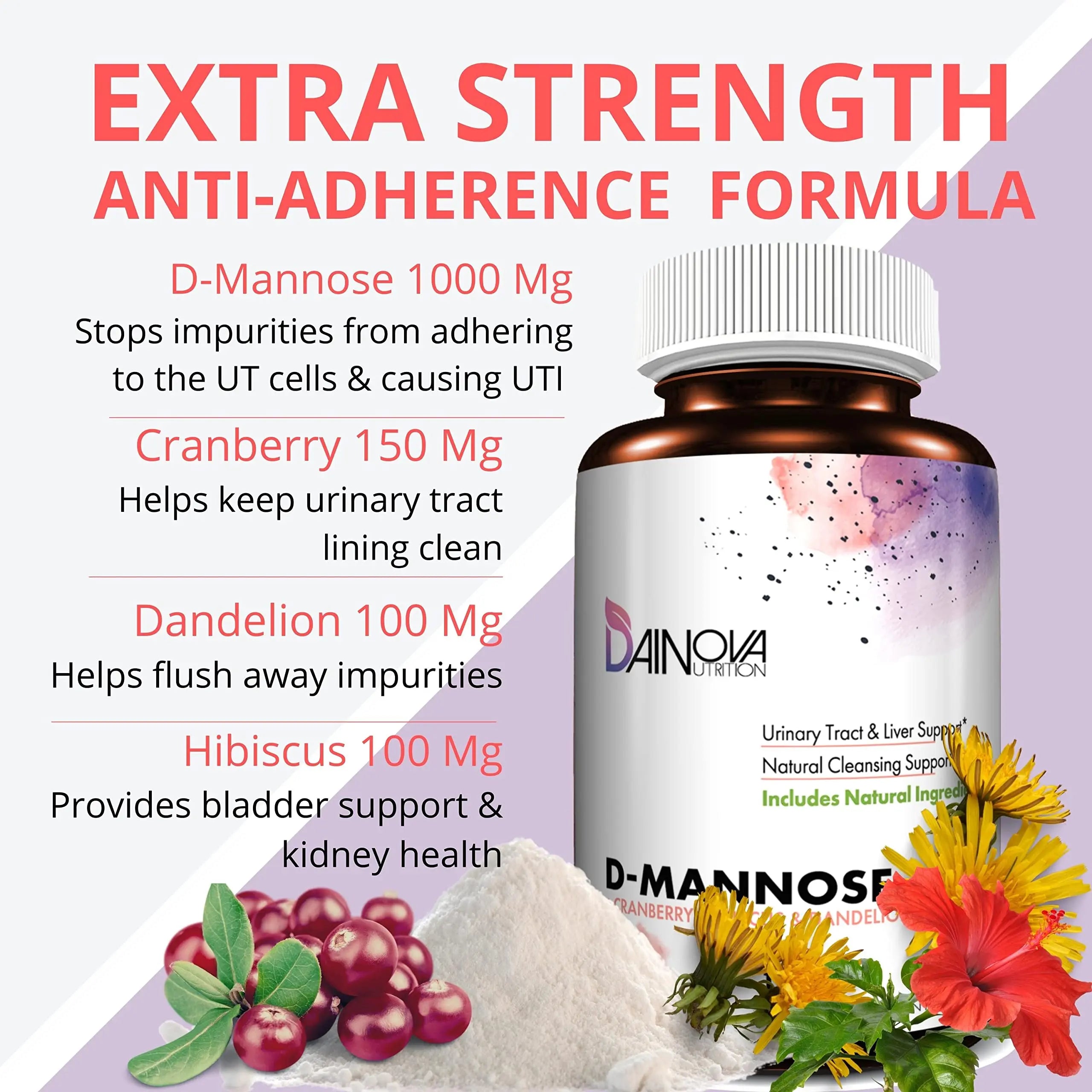Dainova D Mannose 1350mg with Cranberry I D-Mannose Capsules for UTI Prevention, Urinary Tract Support, Urinary Tract Health for Women, & Cleanse. W/Hibiscus & Dandelion, 120 Veggie Capsules Dainova Nutrition Au supplements