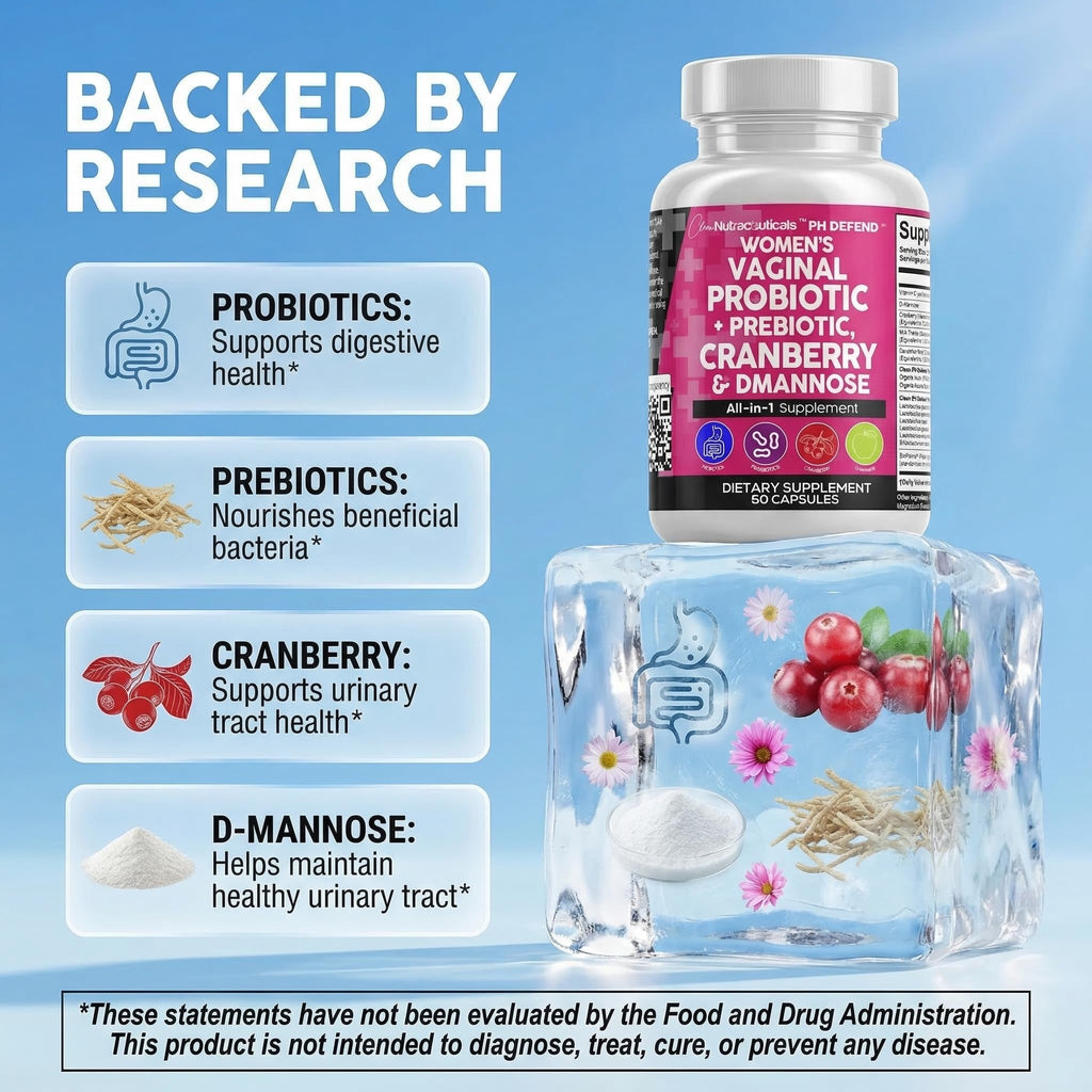 Clean Nutraceuticals Vaginal Probiotics for Women with Cranberry, D-Mannose, Prebiotics, pH Balance Support, Feminine Health, Urinary Tract Cleanse