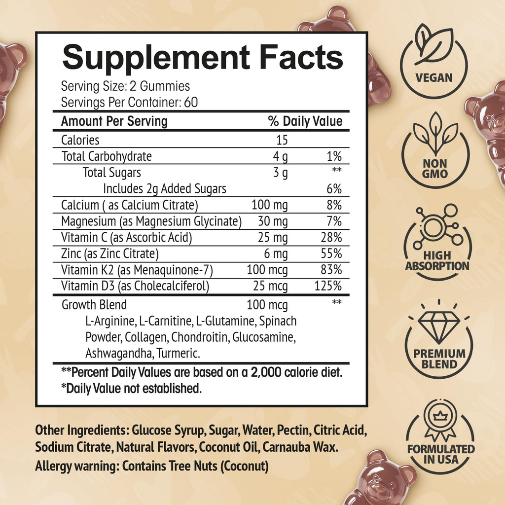 Height Growth Increase Vitamin Gummies, Calcium 100mg, Magnesium Glycinate 30mg, Zinc, Ashwagandha, Vitamin K2 D3 25mg Grow Tall Maximizer Supplement, Multivitamin for Kids, Teens Boy & Girl, Adults HighSpot Au supplements