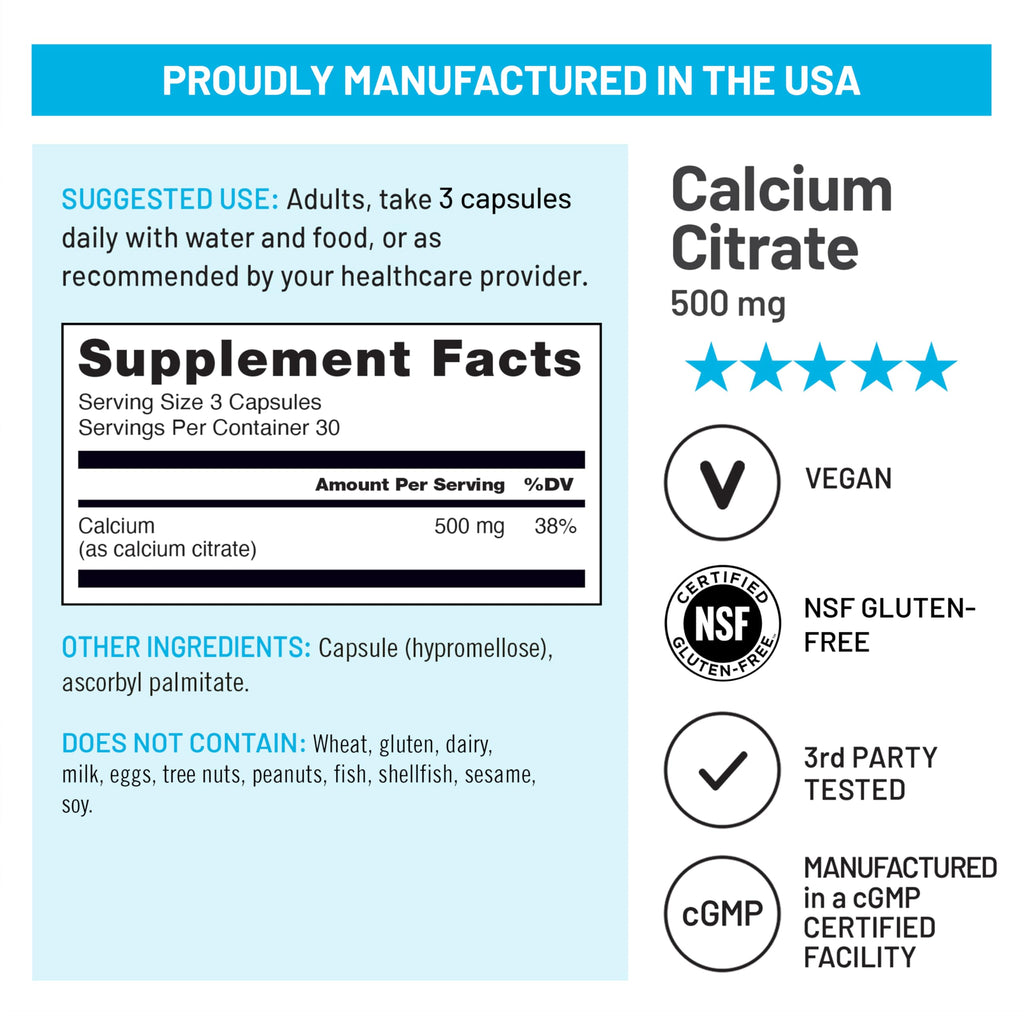 NatureWise Calcium Citrate 500mg Capsules - Supplement for Bone Health - Easy to Digest & Absorb - Vegan, Non-GMO