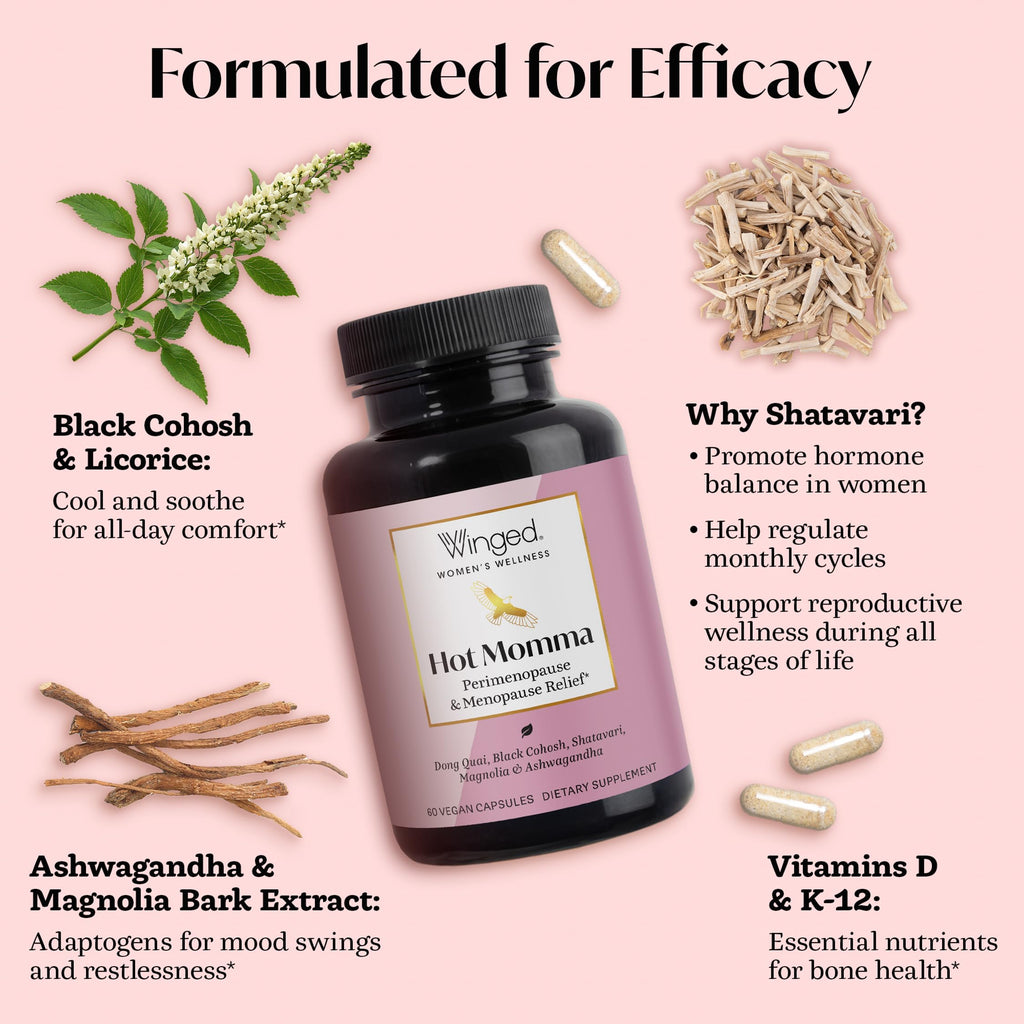 Winged Wellness Hot Momma Menopause Supplements for Women - Hormone-Free Menopause Relief Support for Hot Flashes & Night Sweats with Chaste Tree Berry, Multivitamins & Shatavari - 60 Vegan Capsules Winged Wellness Au supplements