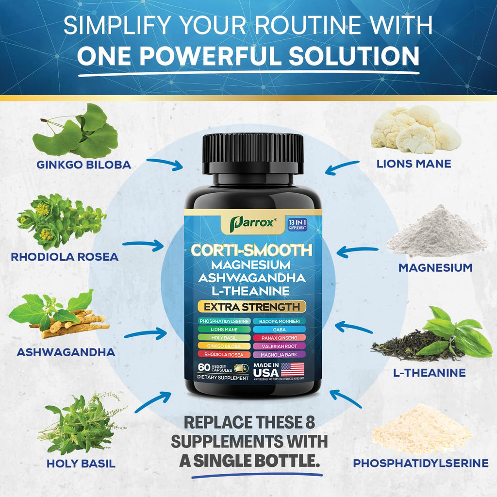 Parrox Corti-Smooth Cortisol Supplement Magnesium, L-Theanine, Ashwagandha, Phosphatidylserine, Valerian Root, Lions Mane, Bacopa Monnieri, Ginkgo Biloba, Panax Ginseng, Magnolia Bark, GABA (60 Caps) Parrox Au supplements