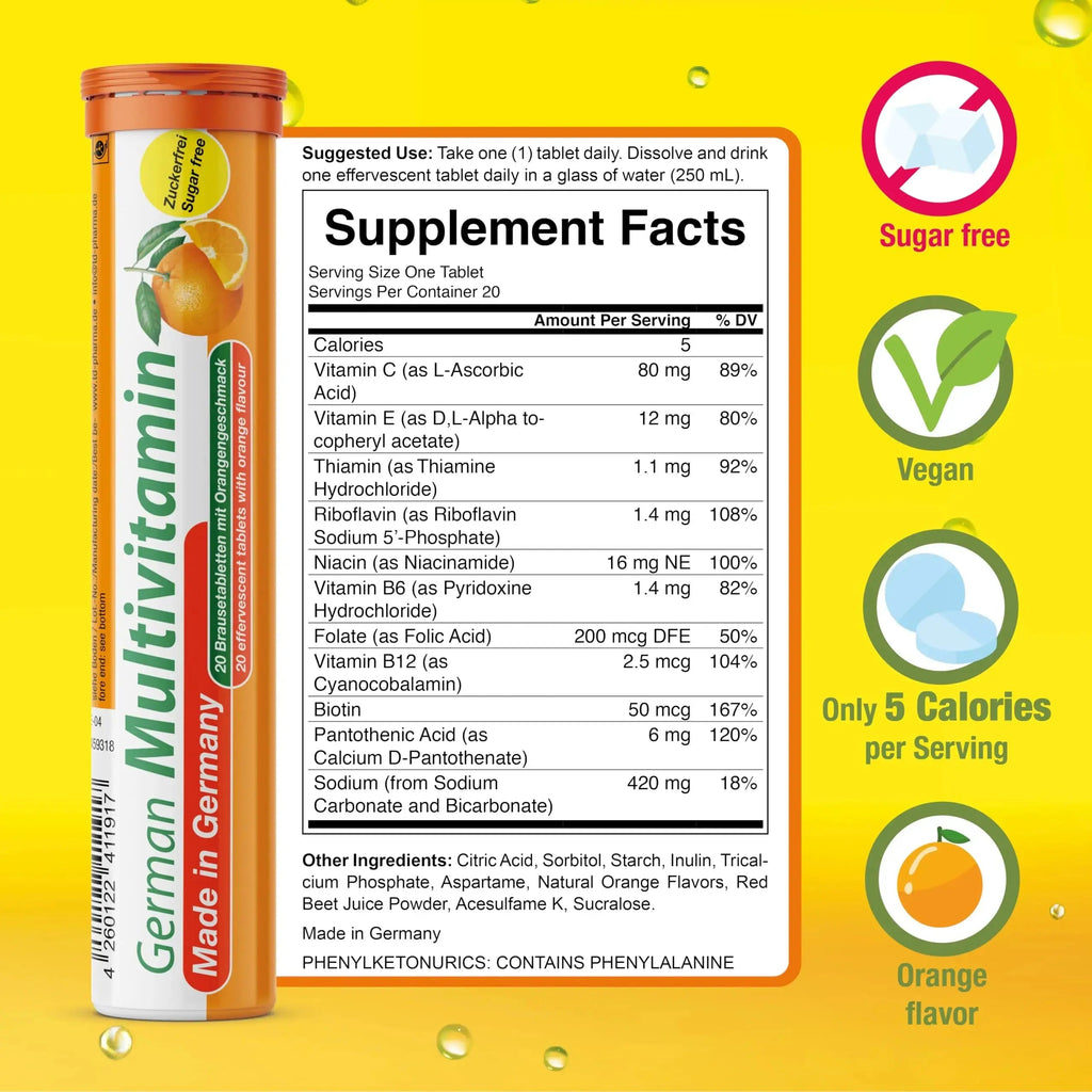 T&D German Multvitamin 10 Vitamins - 40 Vegan Drink Effervescent Tablets - Orange Flavor T&D Au supplements
