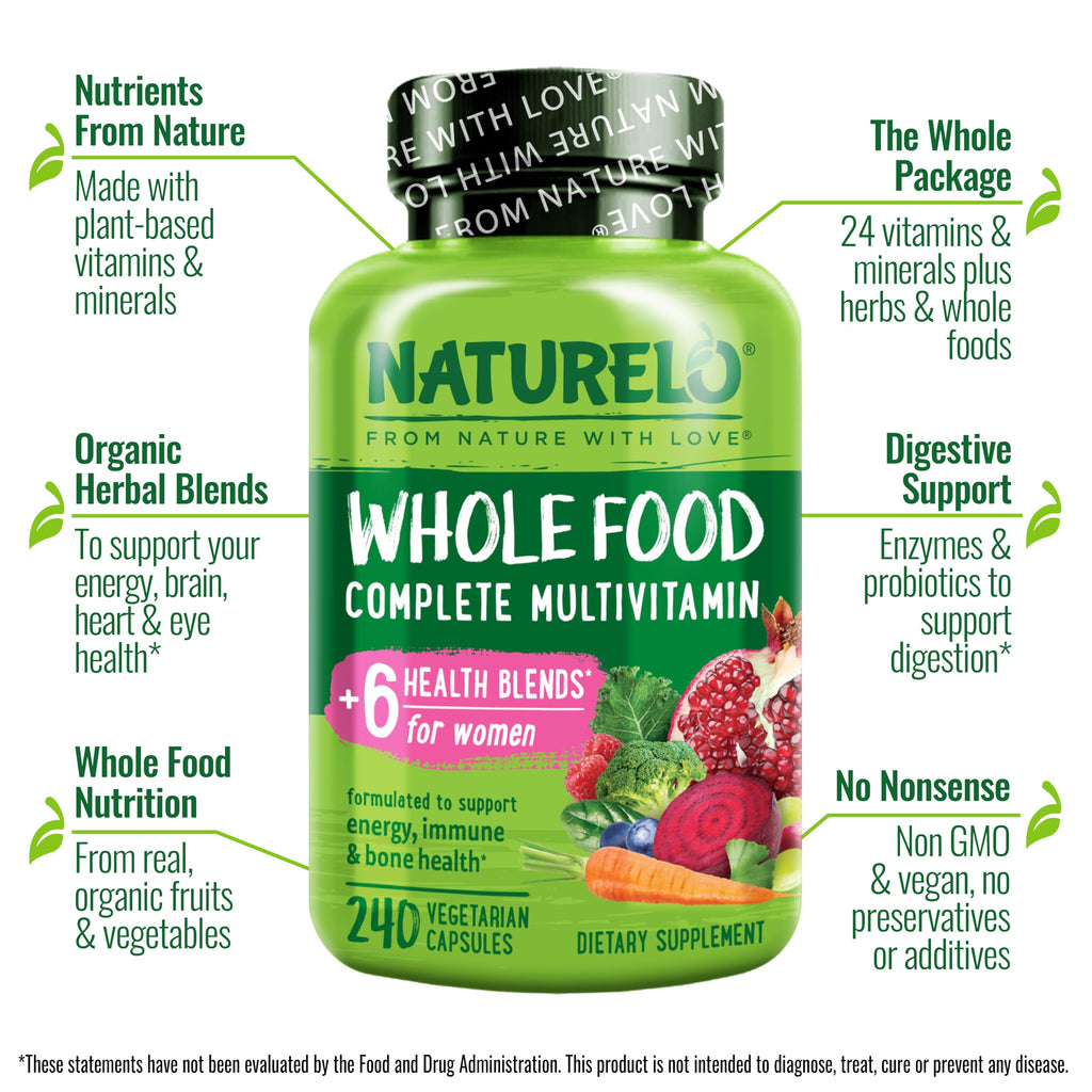 NATURELO Whole Food Multivitamin for Women - with Vitamins, Minerals, & Organic Extracts - Supplement for Energy and Heart Health